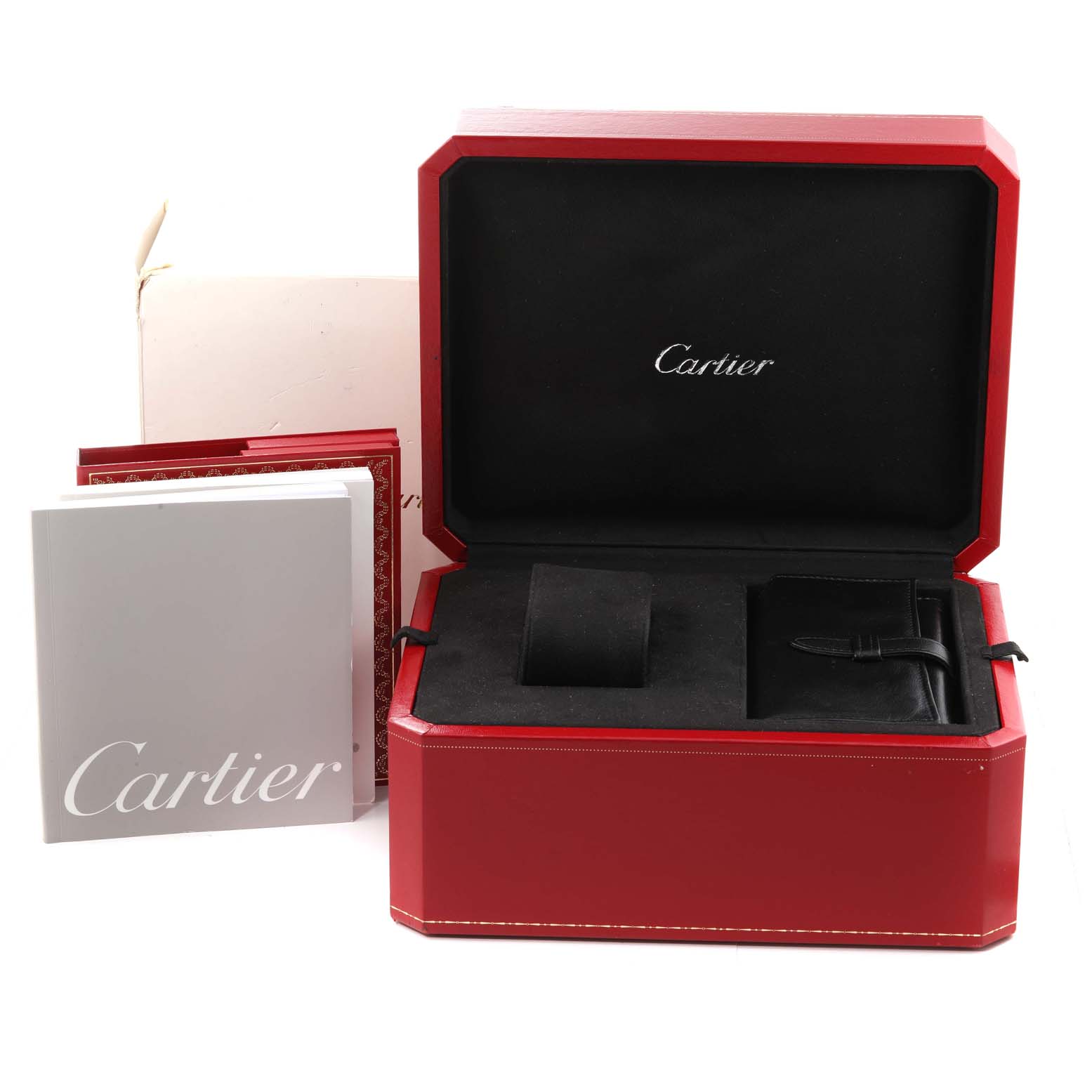 The image shows the open box and accessories of the Cartier Roadster W62020X6 Men's Stainless Steel Black Dial W62020X6 Men's Stainless Steel Black Dial watch, including documentation placed beside the box.