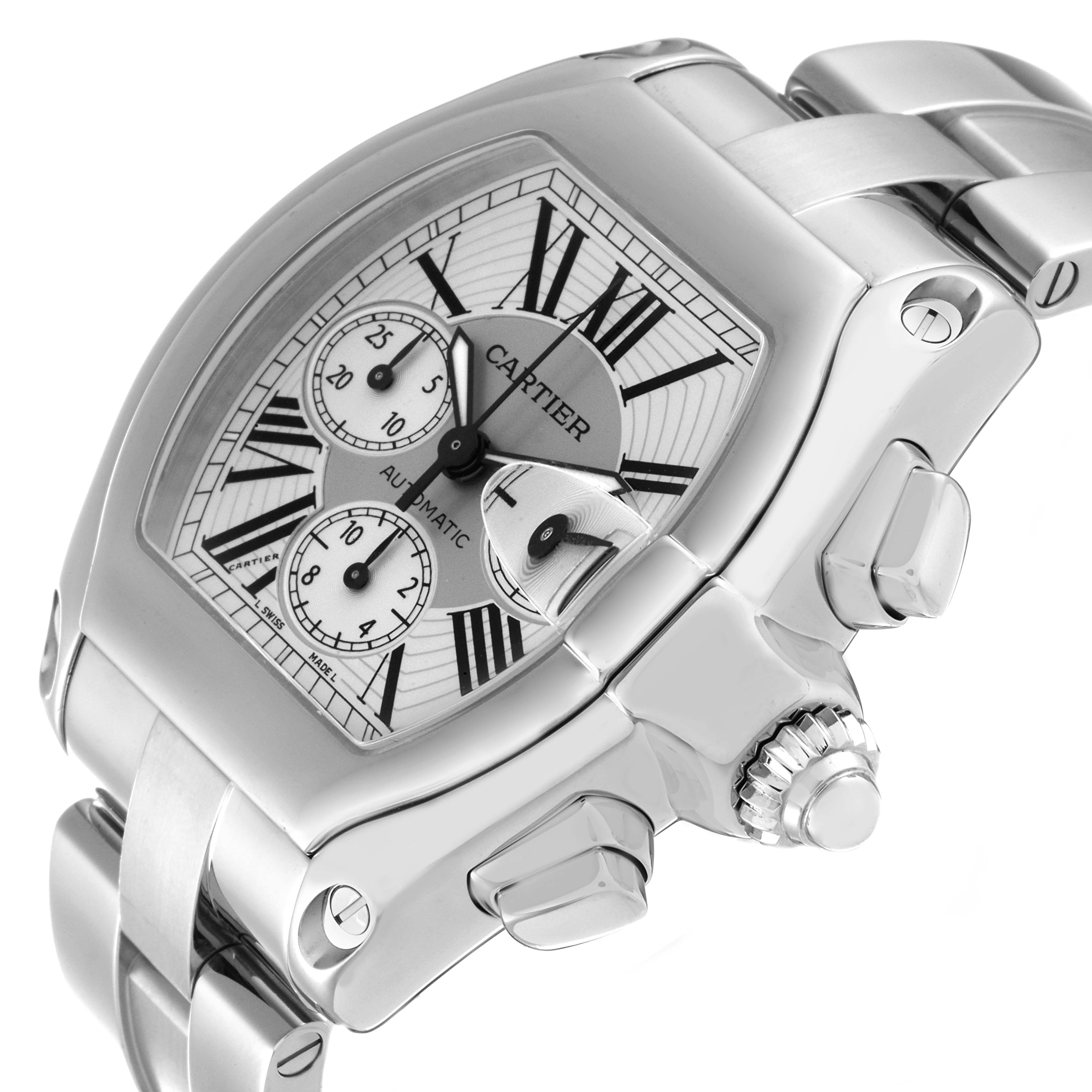 The Cartier Roadster W62019X6 Men's Stainless Steel Silver Dial W62019X6 Men's Stainless Steel Silver Dial watch is shown at an angled view, highlighting the dial, bezel, crown, and metal bracelet.