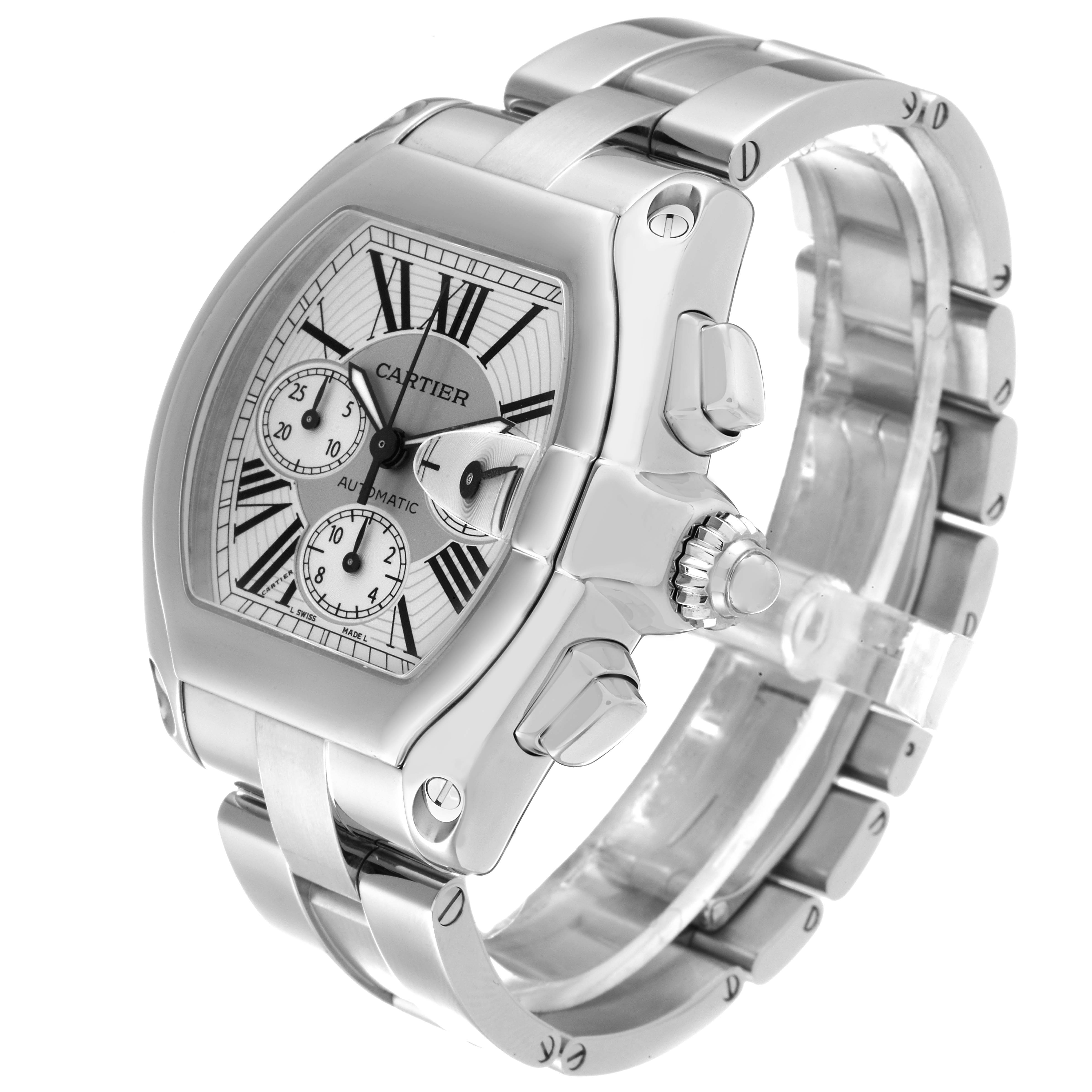 The Cartier Roadster W62019X6 Men's Stainless Steel Silver Dial W62019X6 Men's Stainless Steel Silver Dial watch is shown at an angled view, featuring its face, crown, pushers, and metal bracelet.