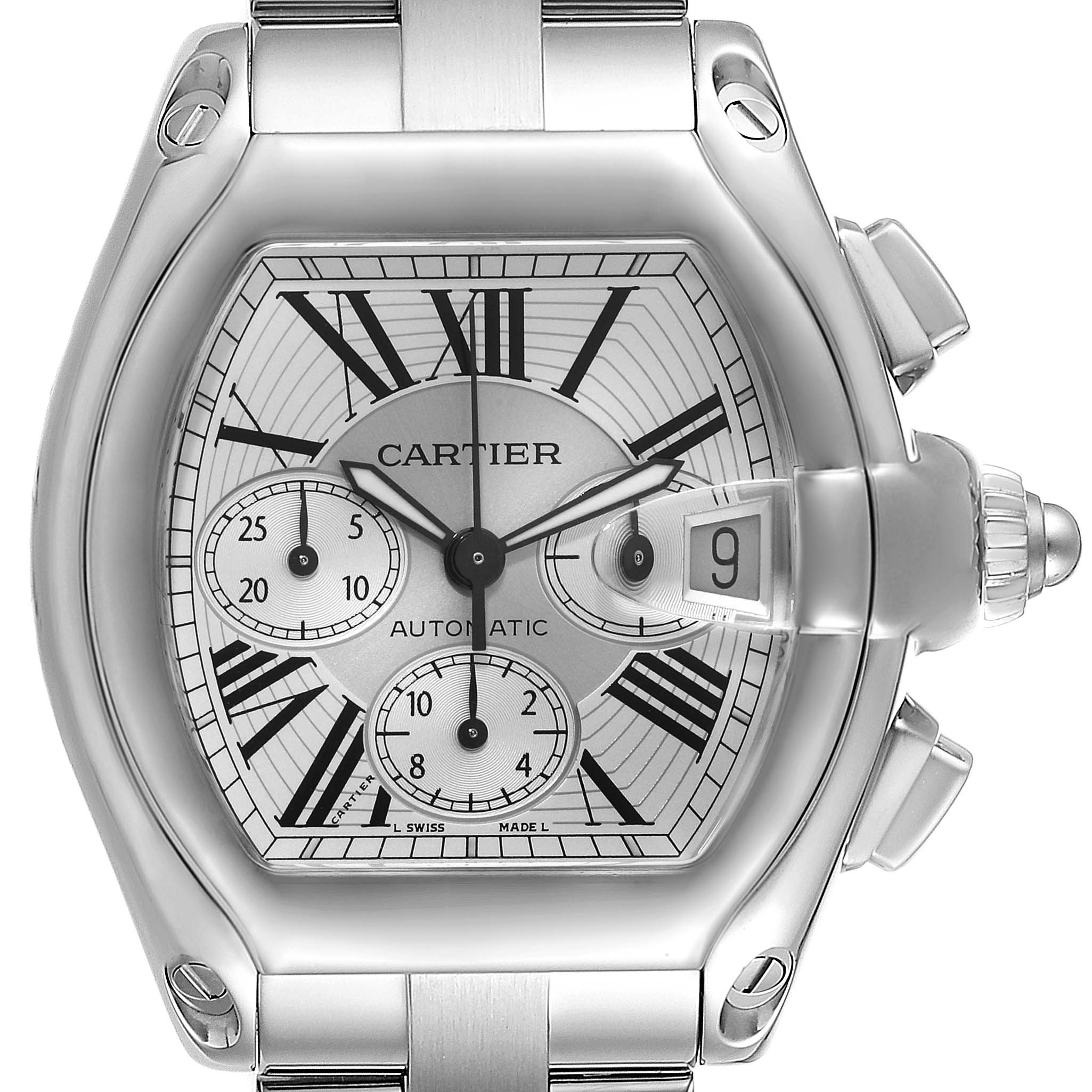 The Cartier Roadster W62019X6 Men's Stainless Steel Silver Dial W62019X6 Men's Stainless Steel Silver Dial watch is shown from a front angle, displaying its face, date magnifier, and pushers.