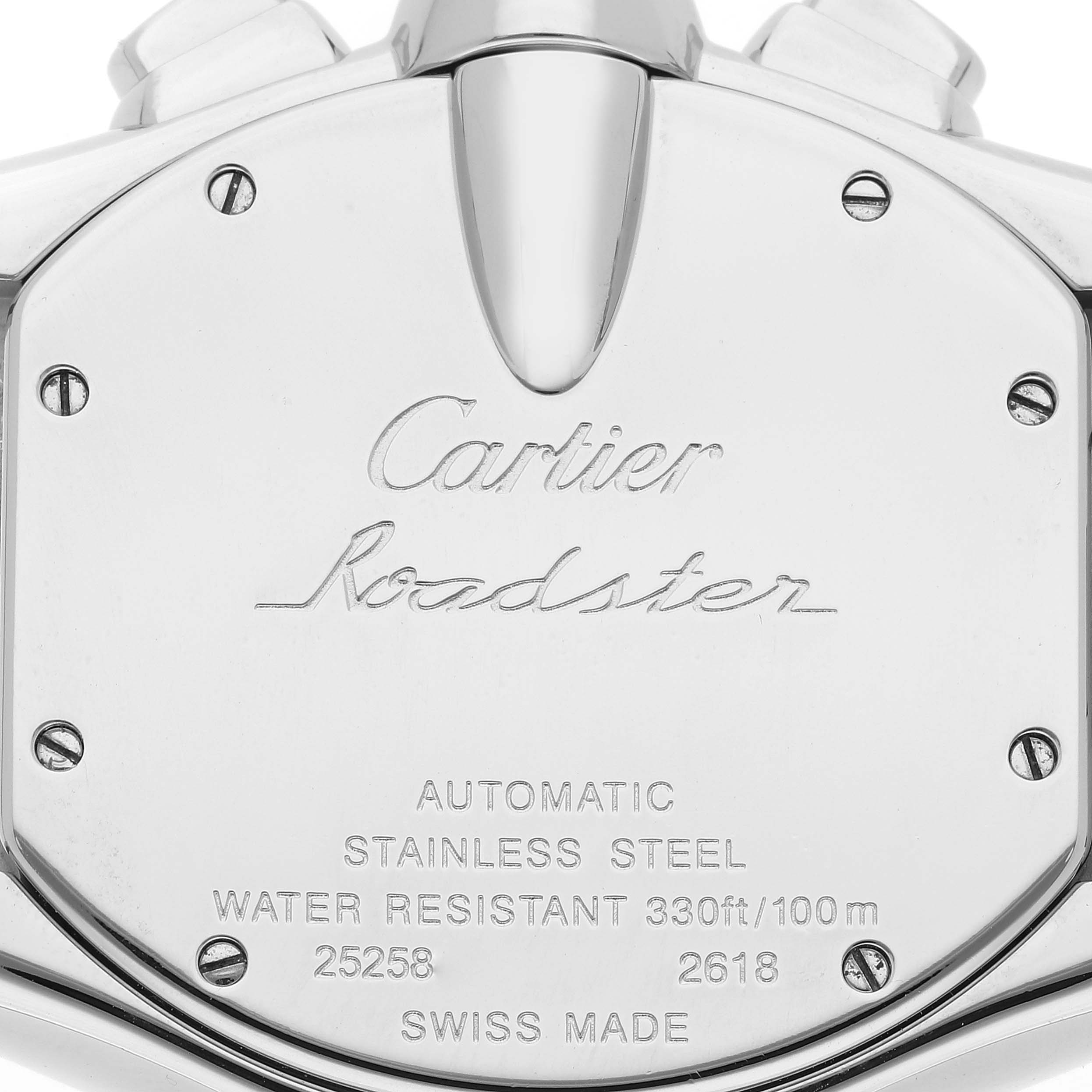 The image shows the case back of a Cartier Roadster W62019X6 Men's Stainless Steel Silver Dial W62019X6 Men's Stainless Steel Silver Dial watch with engraved details and specifications.