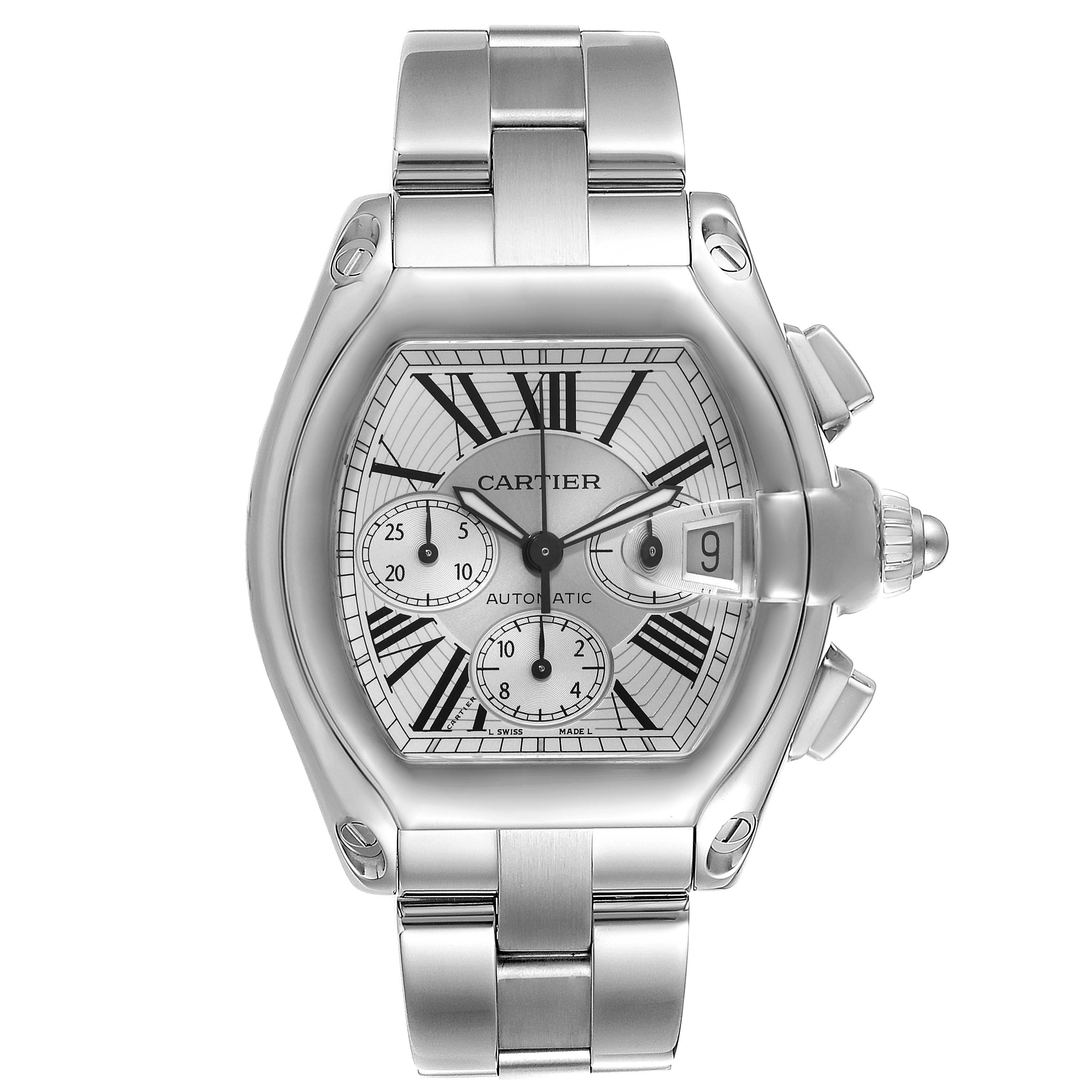 The image shows a Cartier Roadster W62019X6 Men's Stainless Steel Silver Dial W62019X6 Men's Stainless Steel Silver Dial watch from a frontal angle, displaying its dial, bracelet, and date magnifier.