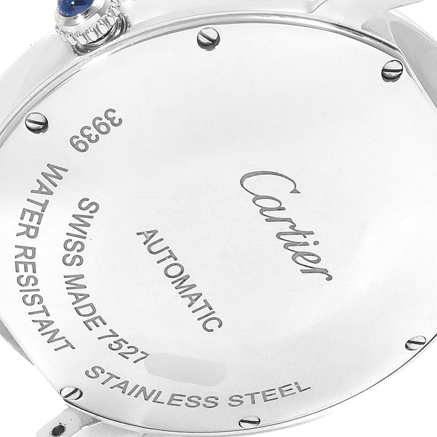 This image shows the back case of the Ronde model Cartier watch, highlighting its automatic movement and water resistance.