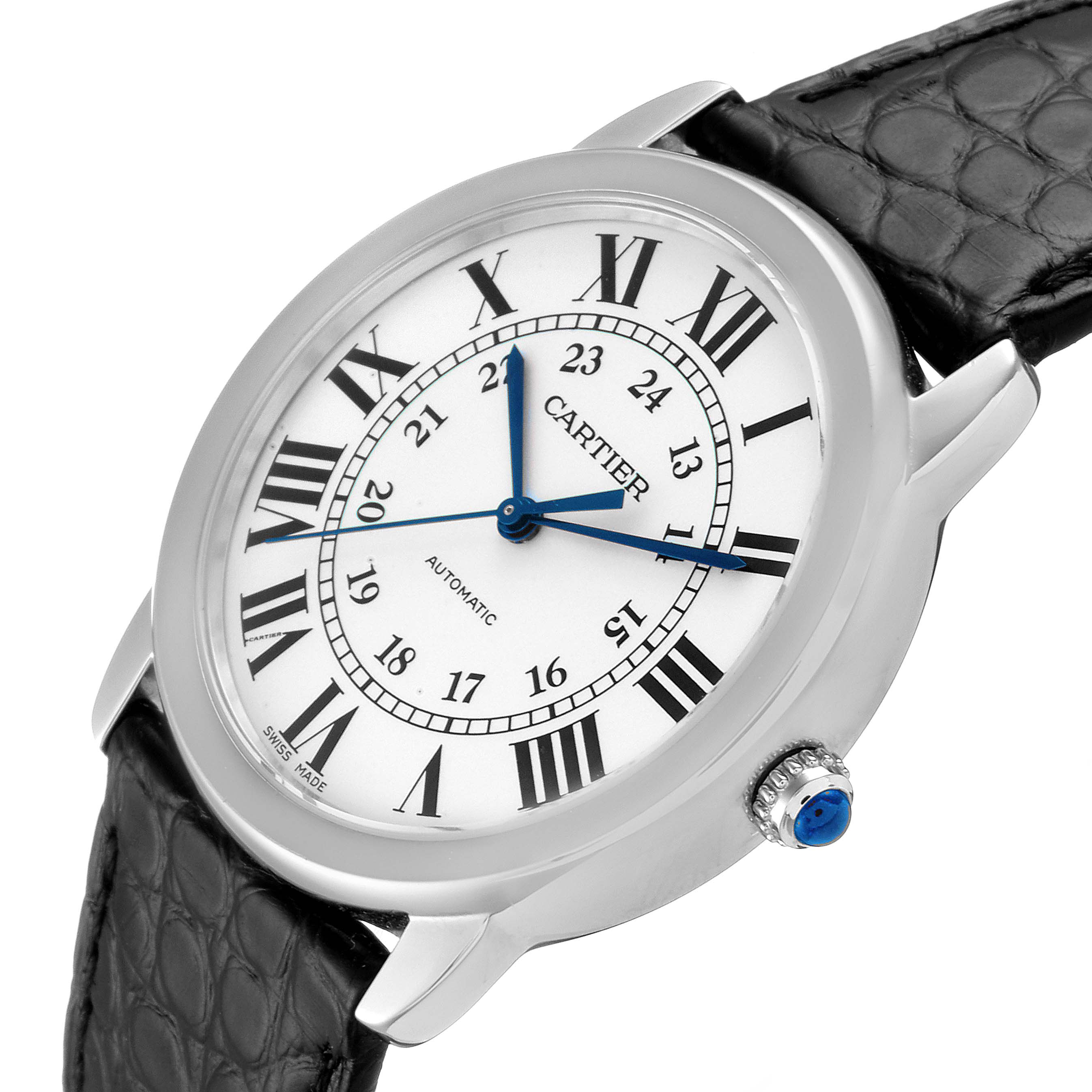 This is a close-up angle of the Cartier Ronde WSRN0021 Men
s Stainless Steel Silver Dial WSRN0021 Men
s Stainless Steel Silver Dial watch, showing the face, bezel, crown, and part of the leather strap.