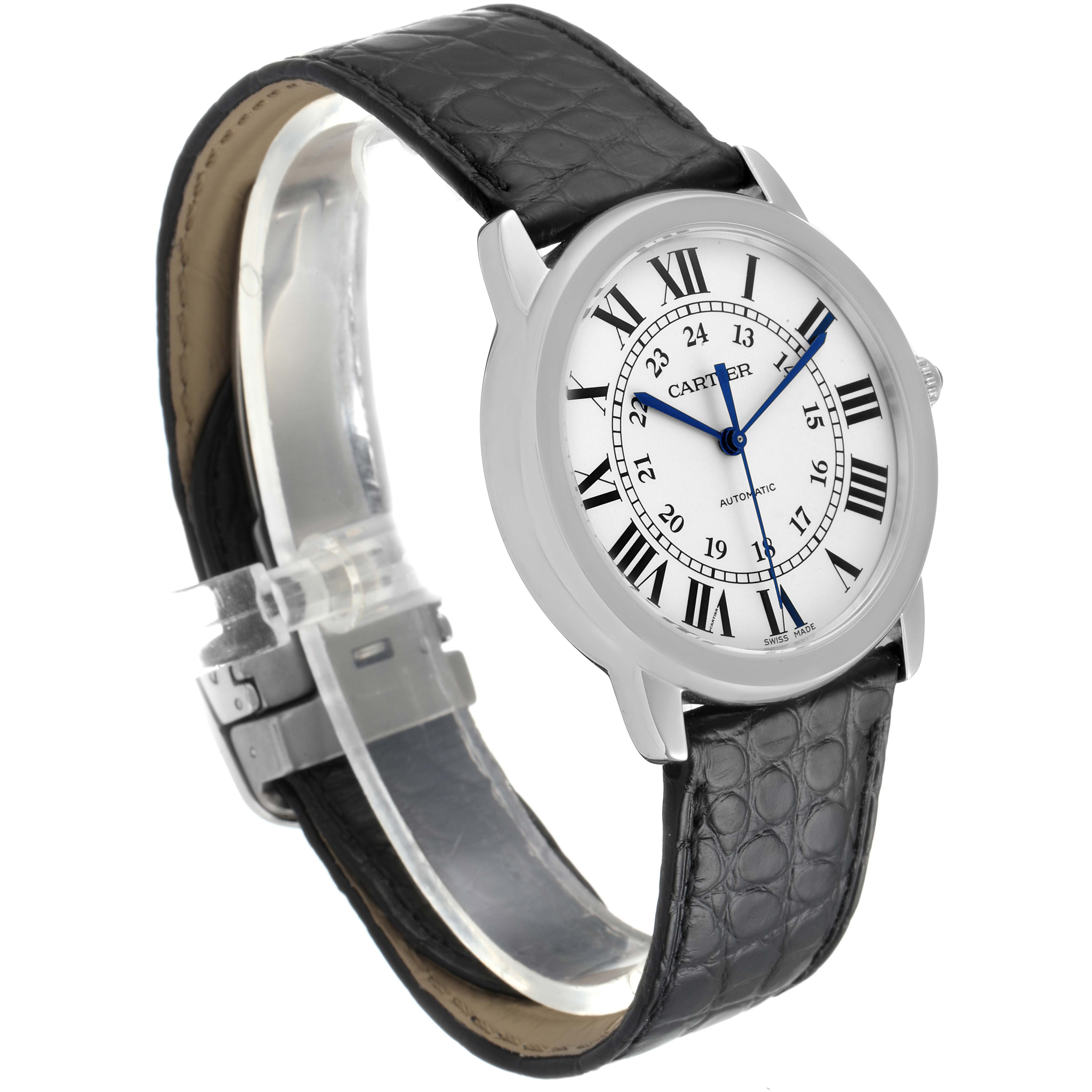 The image shows the Cartier Ronde WSRN0021 Men
s Stainless Steel Silver Dial WSRN0021 Men
s Stainless Steel Silver Dial watch at a slight angle, featuring the face, bezel, and leather strap.