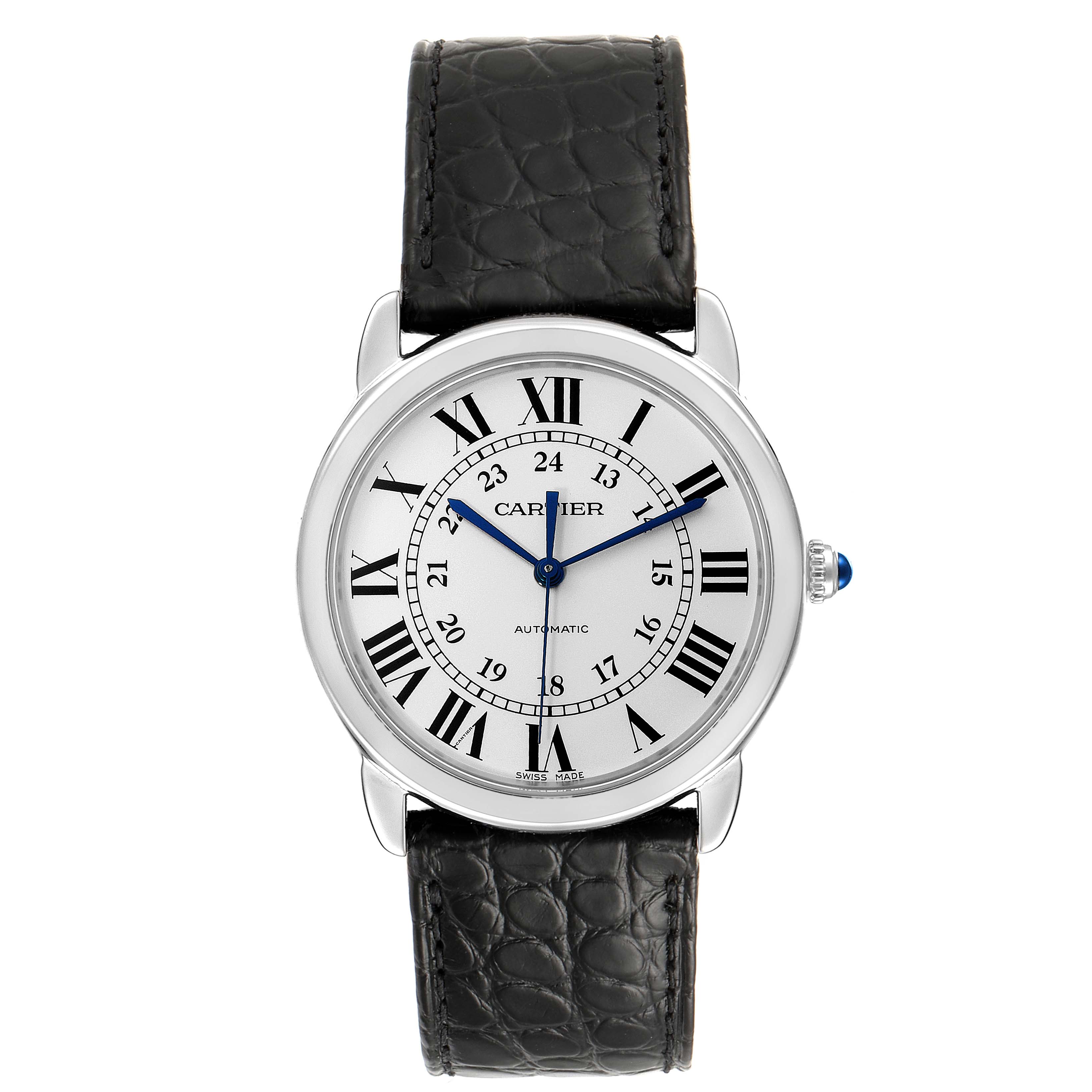 The Ronde model by Cartier is shown from a front angle, highlighting its dial, Roman numerals, and black leather strap.
