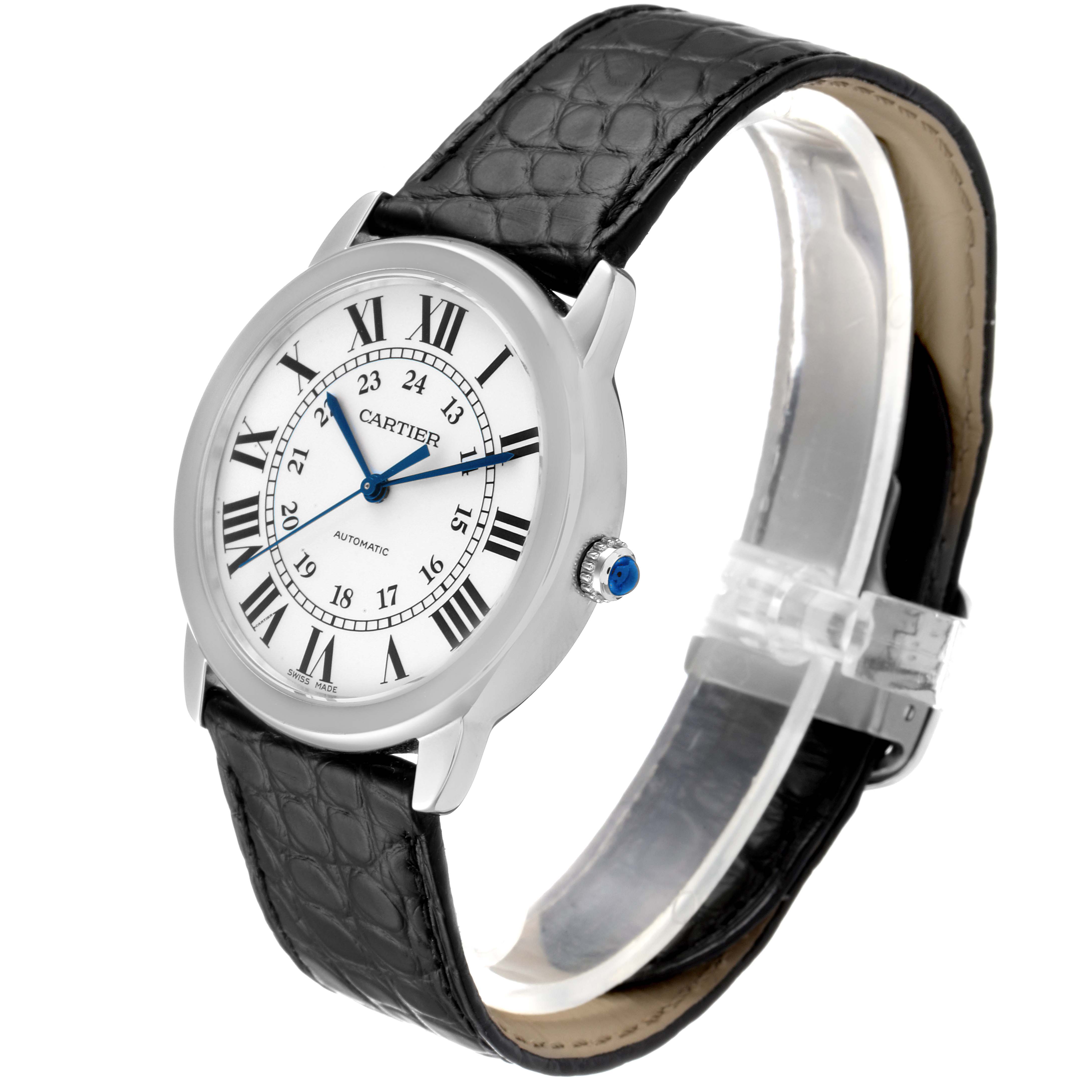 The image shows a Cartier Ronde WSRN0021 Men
s Stainless Steel Silver Dial WSRN0021 Men
s Stainless Steel Silver Dial watch from an angled side view, highlighting its dial, Roman numerals, and black leather strap.