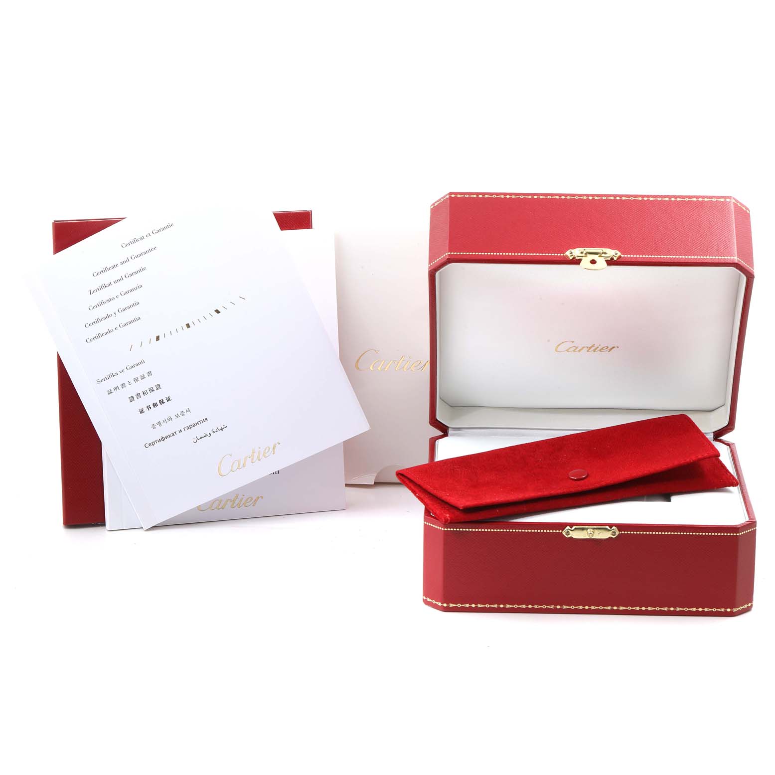 The image shows accessories for the Cartier Ronde WSRN0021 Men
s Stainless Steel Silver Dial WSRN0021 Men
s Stainless Steel Silver Dial model, including the red watch box, documentation, and a red velvet pouch.