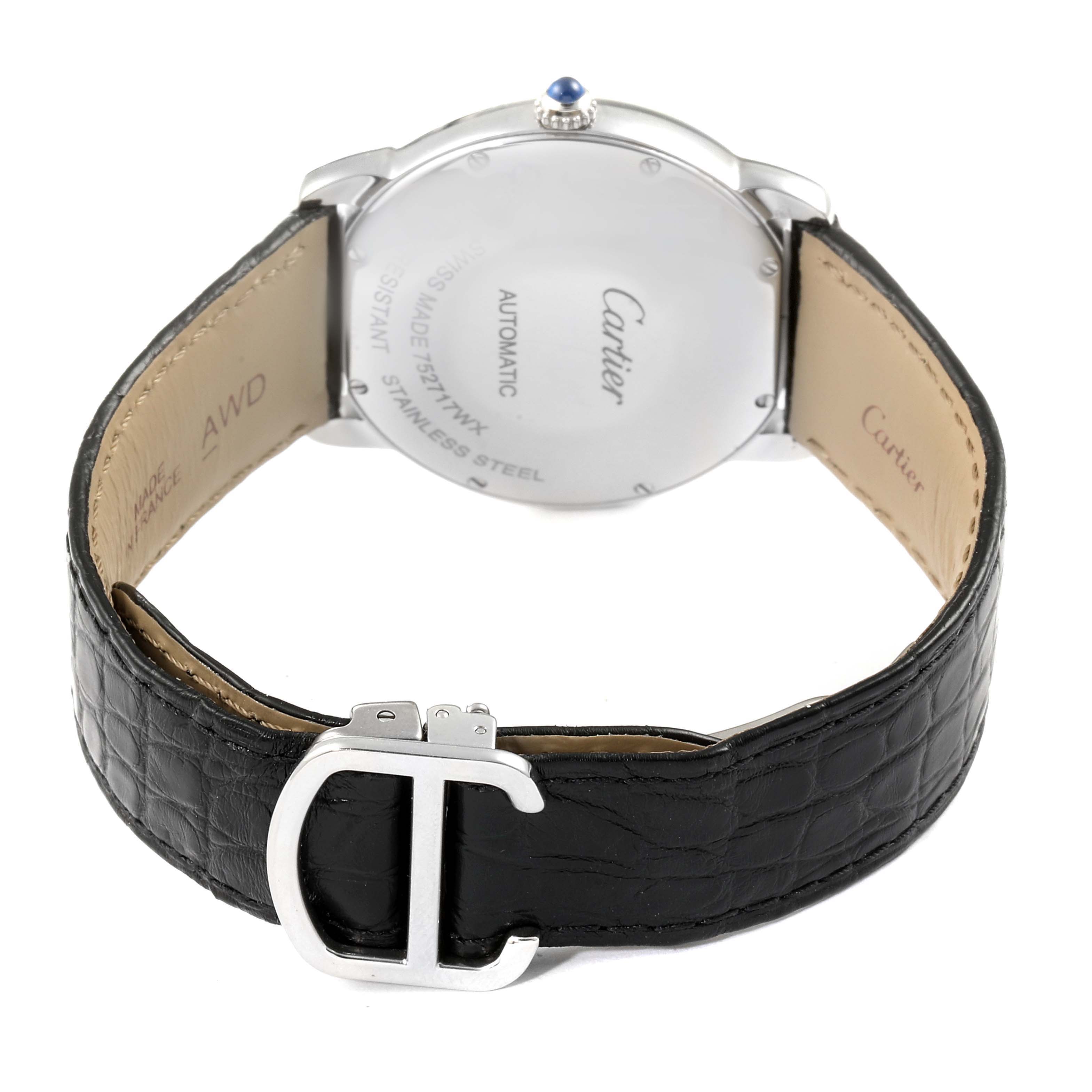This image shows the back of a Cartier Ronde WSRN0021 Men
s Stainless Steel Silver Dial WSRN0021 Men
s Stainless Steel Silver Dial watch, featuring the caseback, crown with a blue gem, and black leather strap with a buckle.
