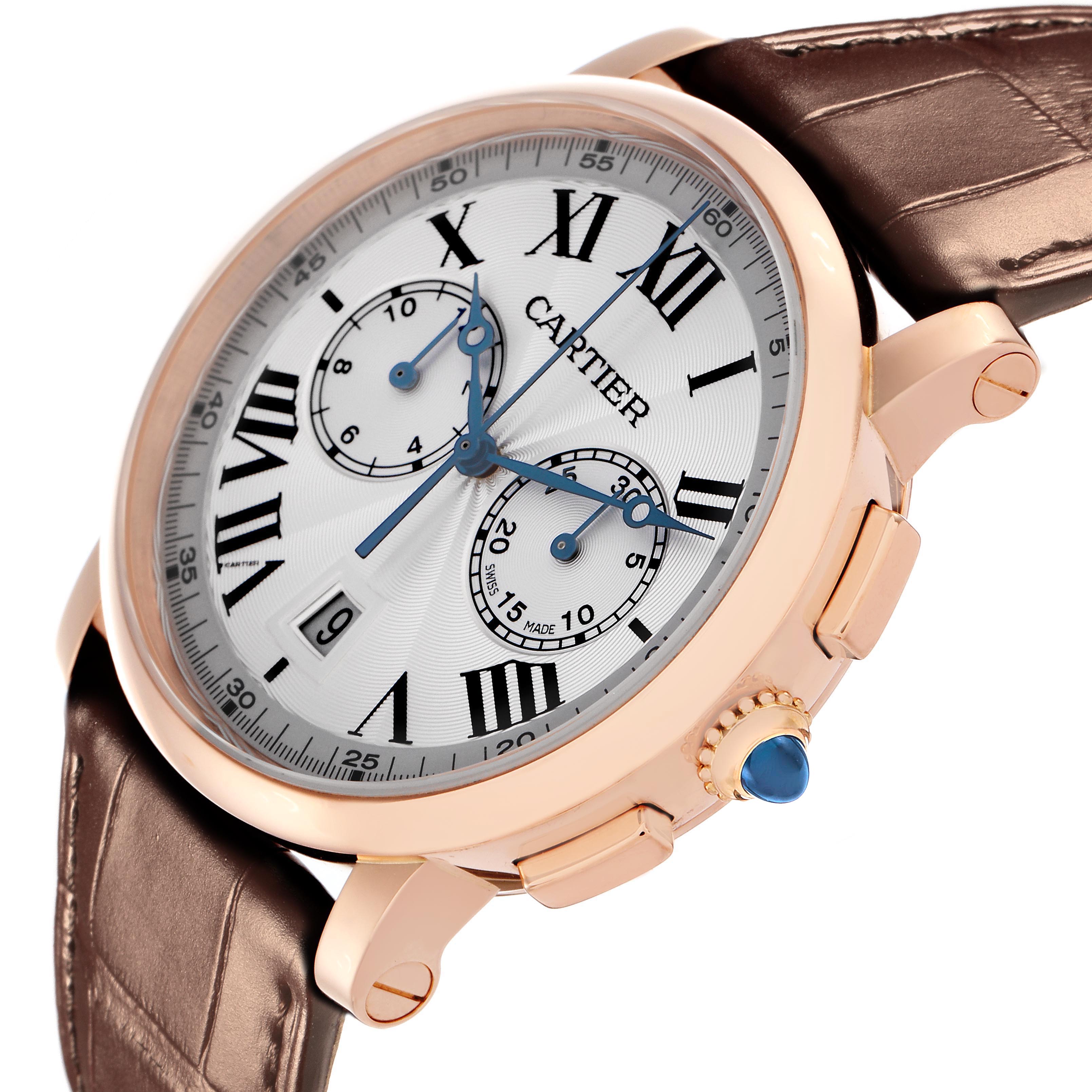 The Cartier Rotonde W1556238 Men
s Rose Gold Silver Dial W1556238 Men
s Rose Gold Silver Dial watch is shown at an angled view, highlighting the face, case, crown, and brown leather strap.