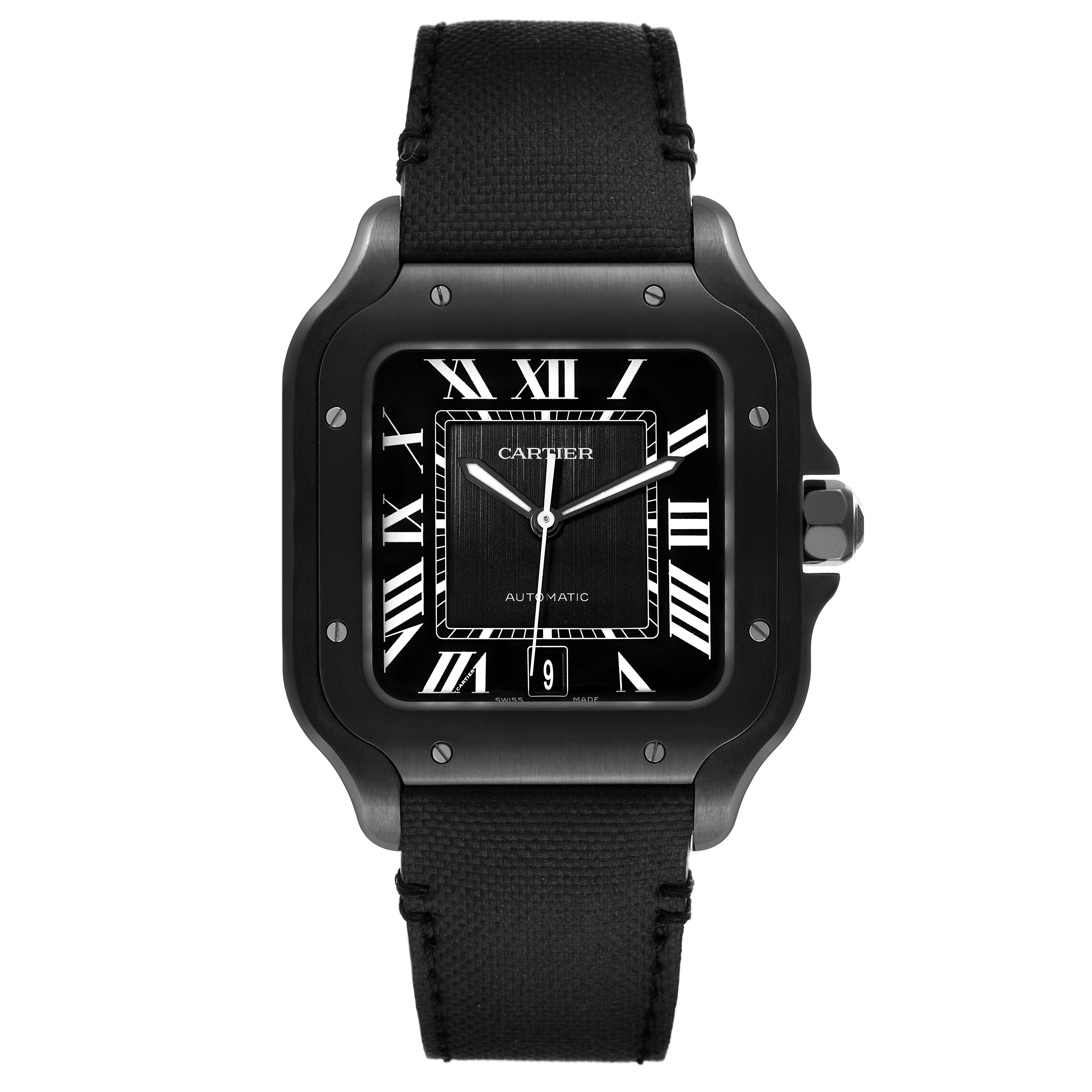 The image shows a front view of a Cartier Santos WSSA0039 Men
s Stainless Steel Black Dial WSSA0039 Men
s Stainless Steel Black Dial watch with its face, bezel, crown, and strap visible.