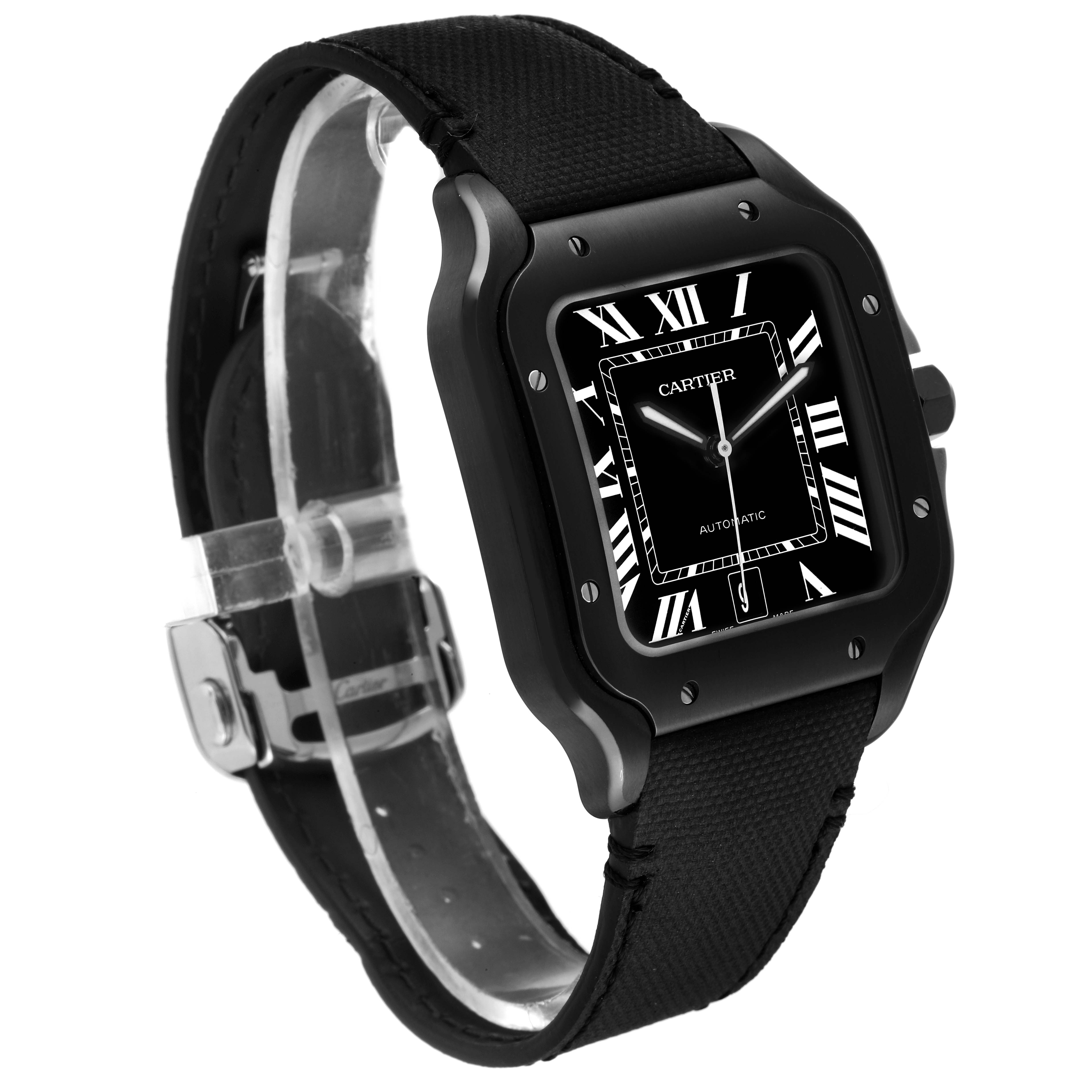 The Santos model by Cartier is shown at a side angle, highlighting its face, bezel, strap, and clasp.