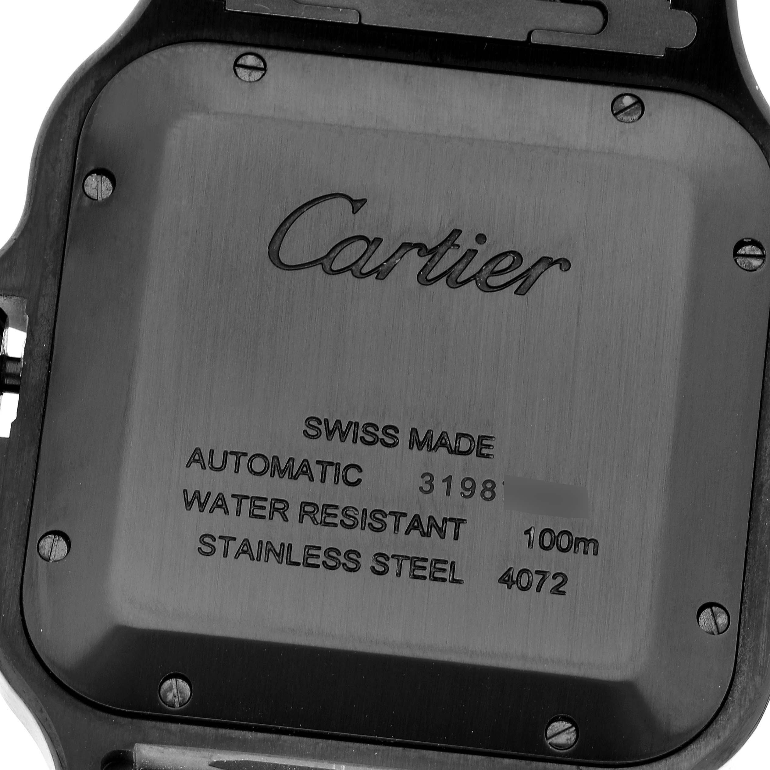 This image shows the back case of a Santos model watch by Cartier, highlighting its inscriptions and screws.