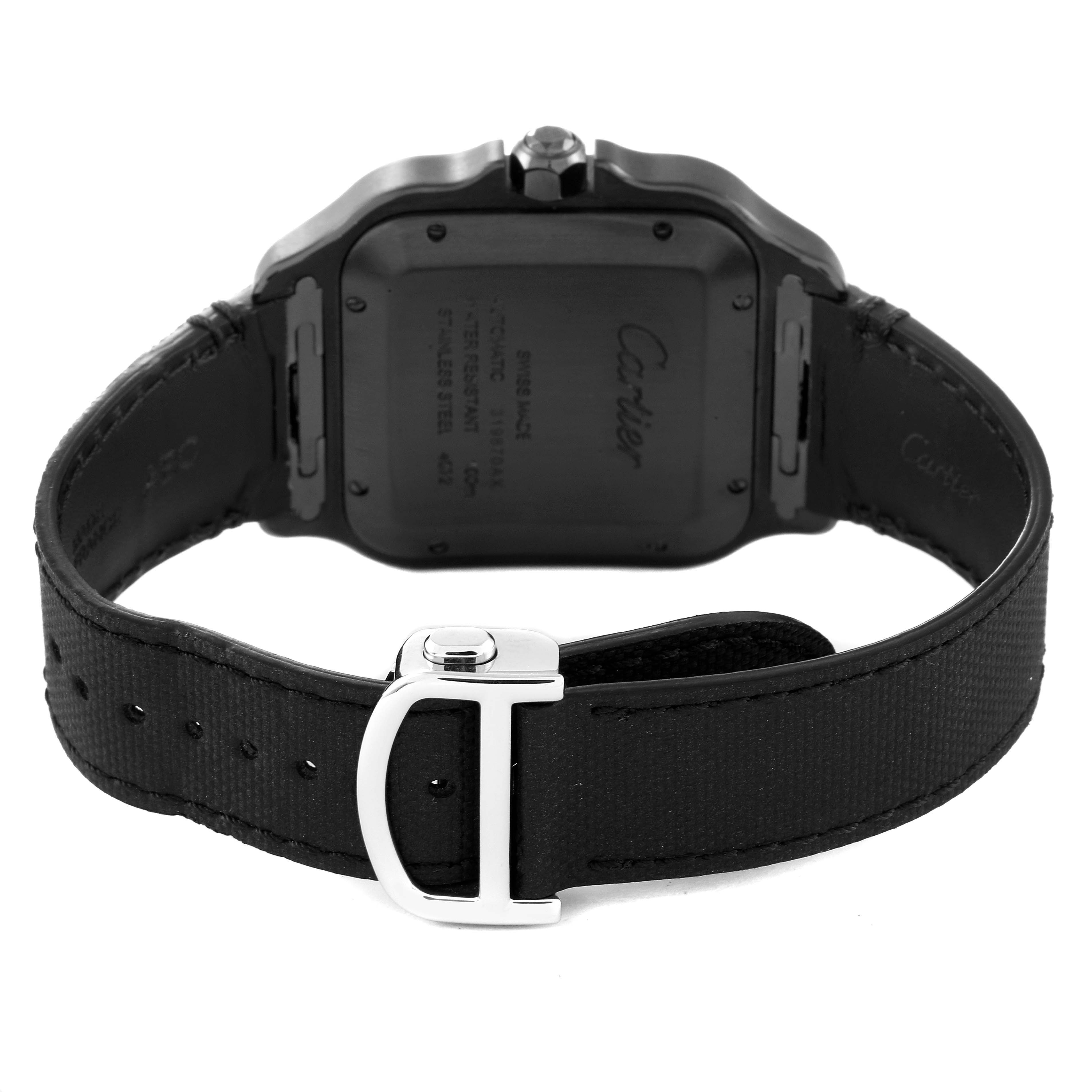 The image shows the Santos model by Cartier from a rear angle, highlighting the black case back and black strap with a silver buckle.