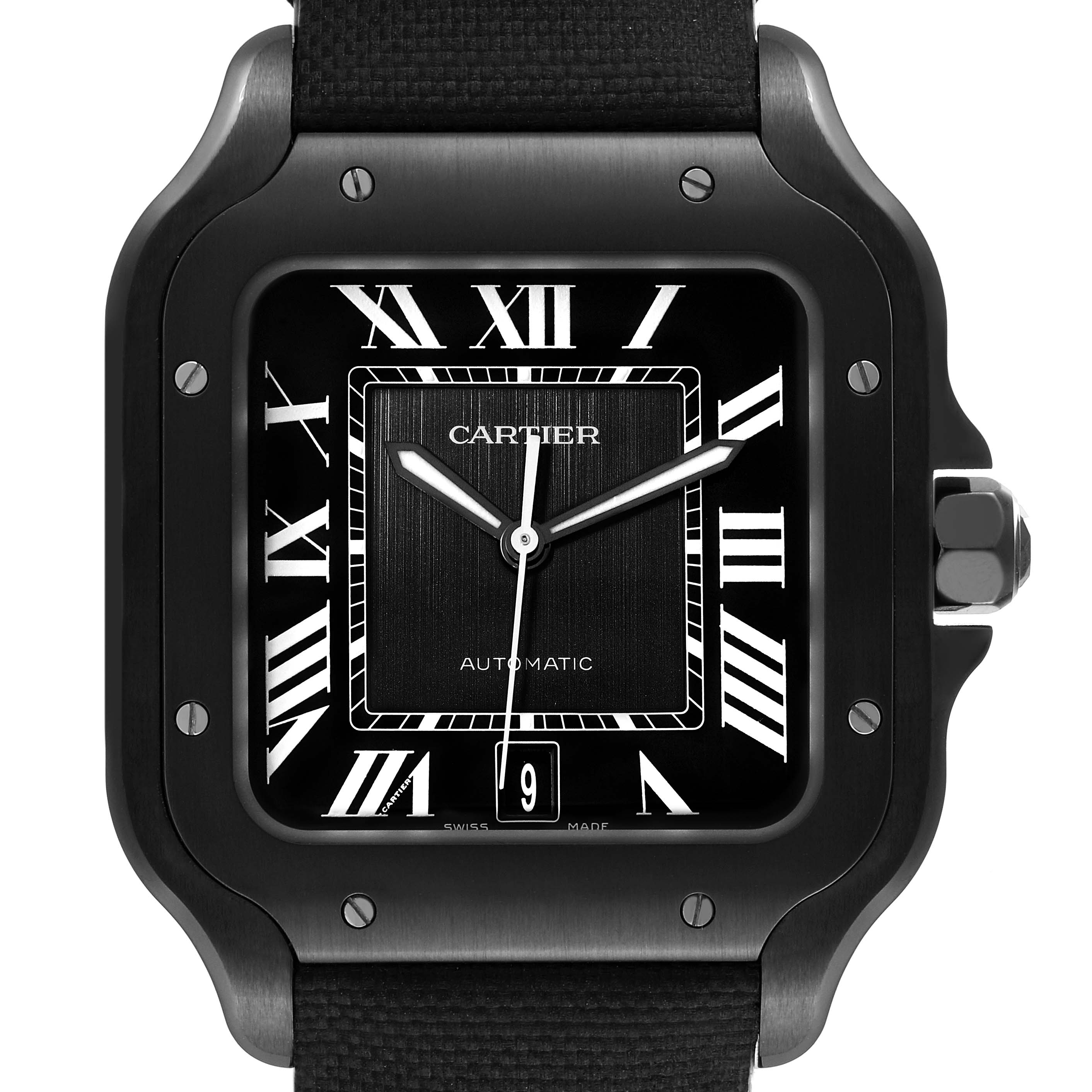 The image shows a close-up front view of a Cartier Santos WSSA0039 Men
s Stainless Steel Black Dial WSSA0039 Men
s Stainless Steel Black Dial watch face and crown.