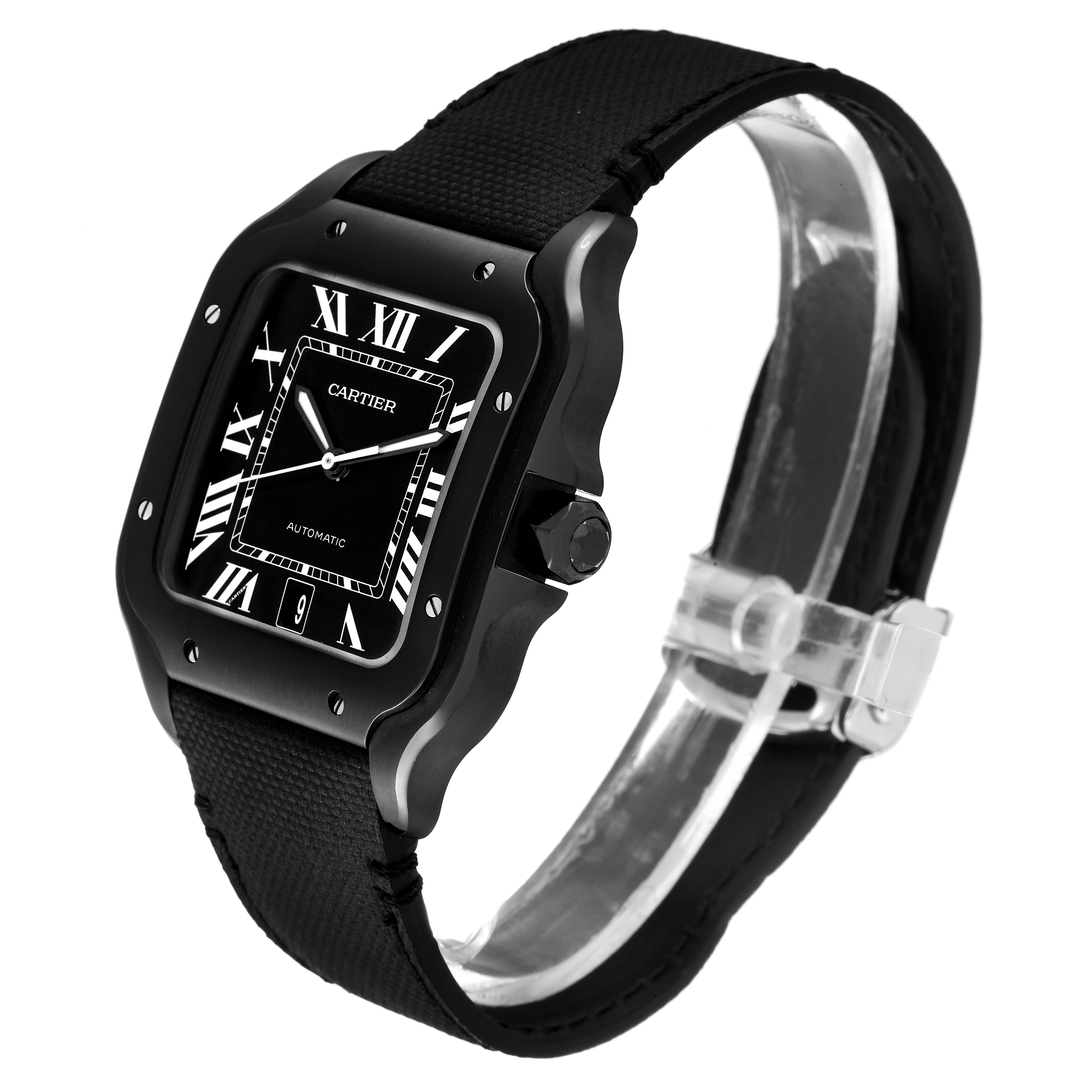 This image shows a black Cartier Santos WSSA0039 Men
s Stainless Steel Black Dial WSSA0039 Men
s Stainless Steel Black Dial model watch at a side and front angle, highlighting the face, bezel, strap, and clasp.