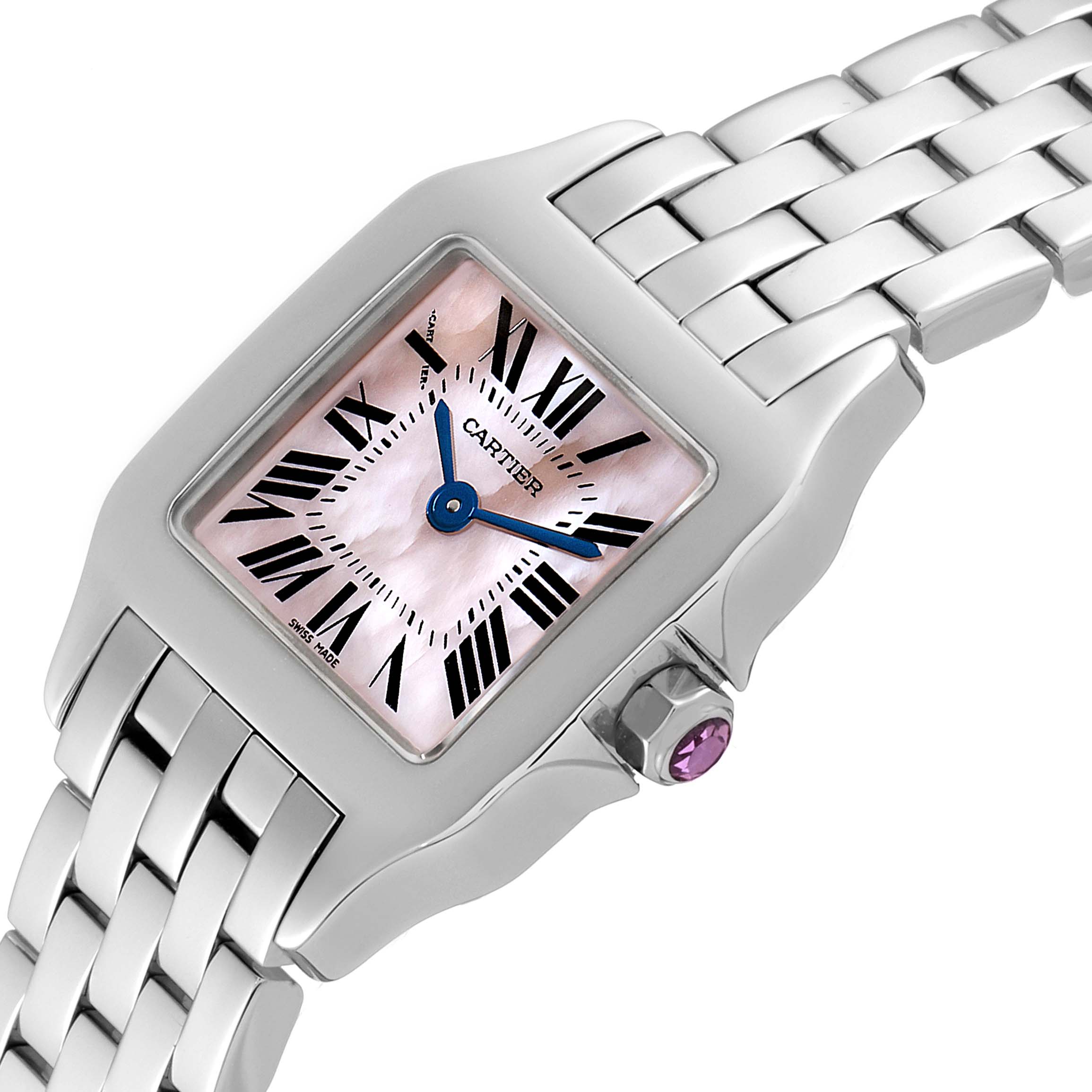 The image shows a close-up of the face, crown, and part of the bracelet of a Cartier Santos Demoiselle W25075Z5 Women's Stainless Steel Mother of Pearl Dial W25075Z5 Women's Stainless Steel Mother of Pearl Dial watch.