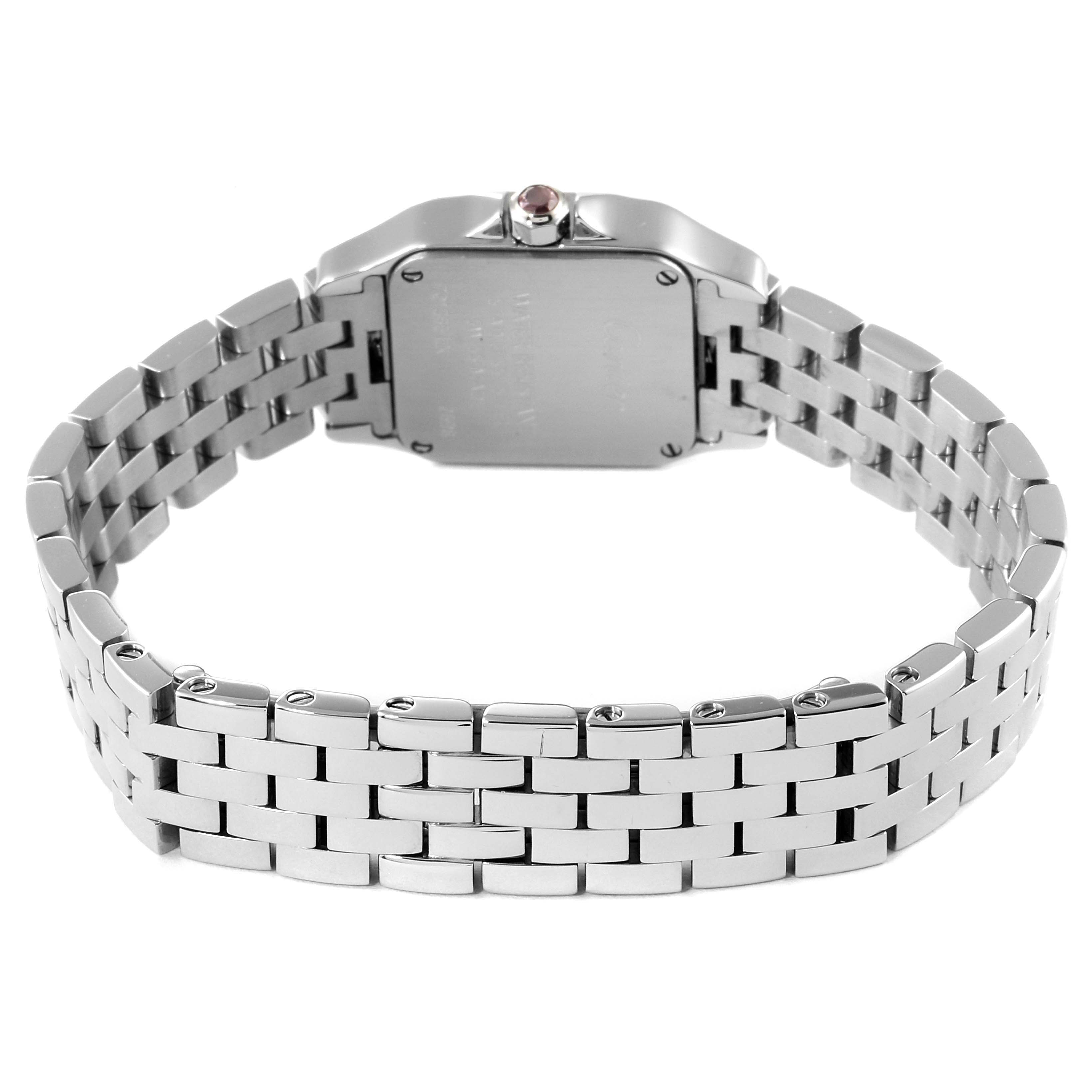 The image shows the back view of the Cartier Santos Demoiselle W25075Z5 Women's Stainless Steel Mother of Pearl Dial W25075Z5 Women's Stainless Steel Mother of Pearl Dial watch, highlighting the case back and metal bracelet.