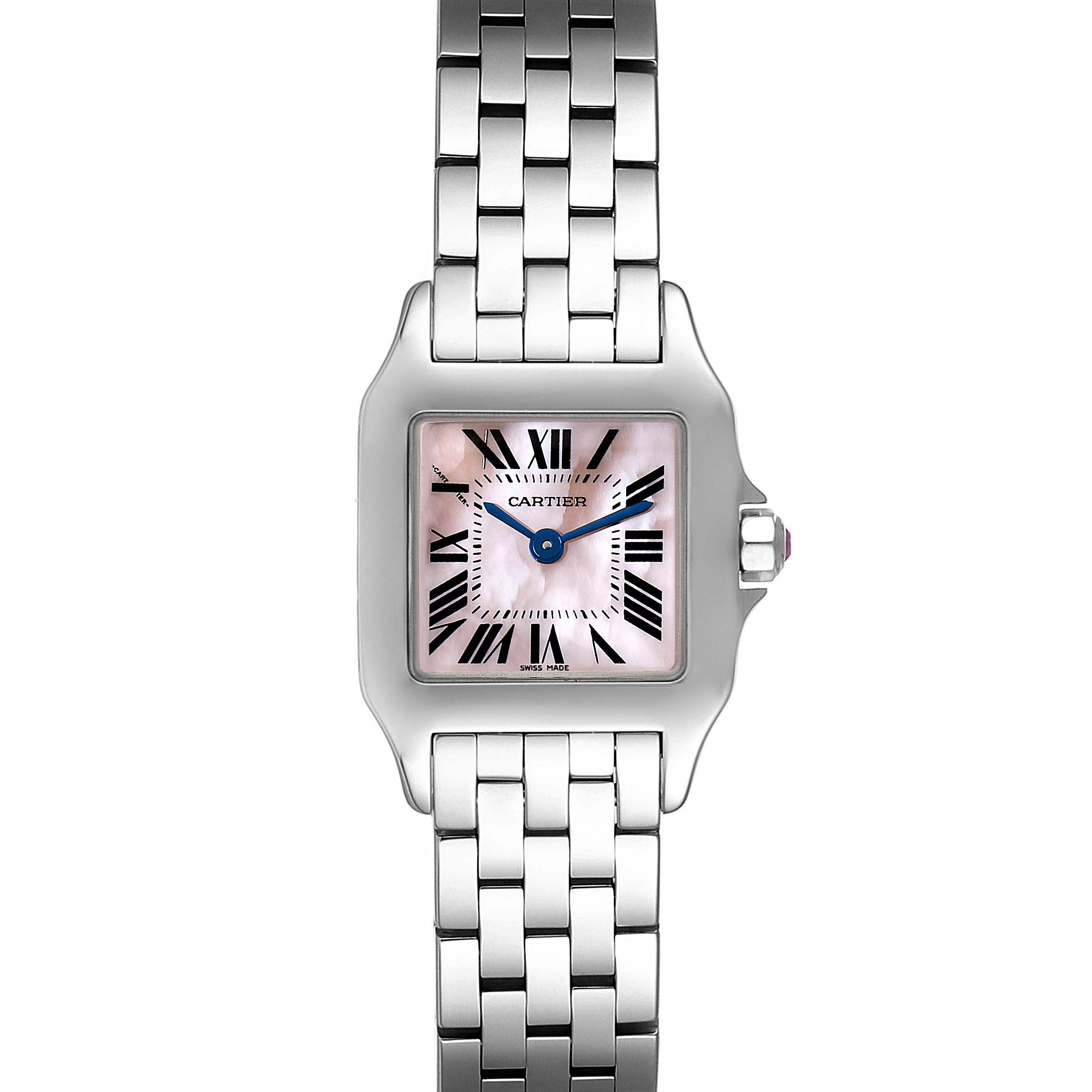 The image shows a front view of the Cartier Santos Demoiselle W25075Z5 Women's Stainless Steel Mother of Pearl Dial W25075Z5 Women's Stainless Steel Mother of Pearl Dial watch, highlighting its face, band, and crown.