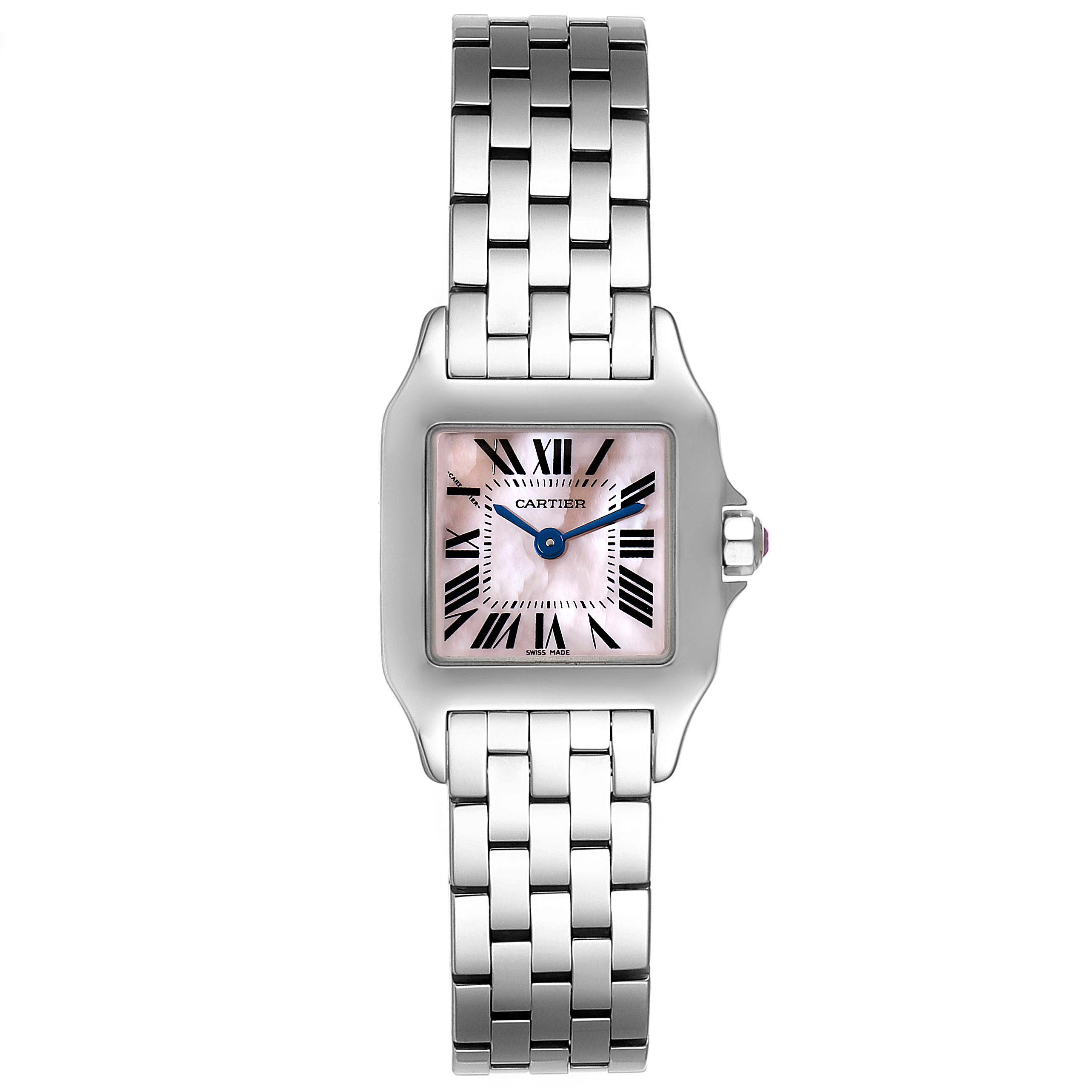 The image shows a front view of the Cartier Santos Demoiselle W25075Z5 Women's Stainless Steel Mother of Pearl Dial W25075Z5 Women's Stainless Steel Mother of Pearl Dial watch, highlighting its square face, bracelet, and Roman numeral dial.