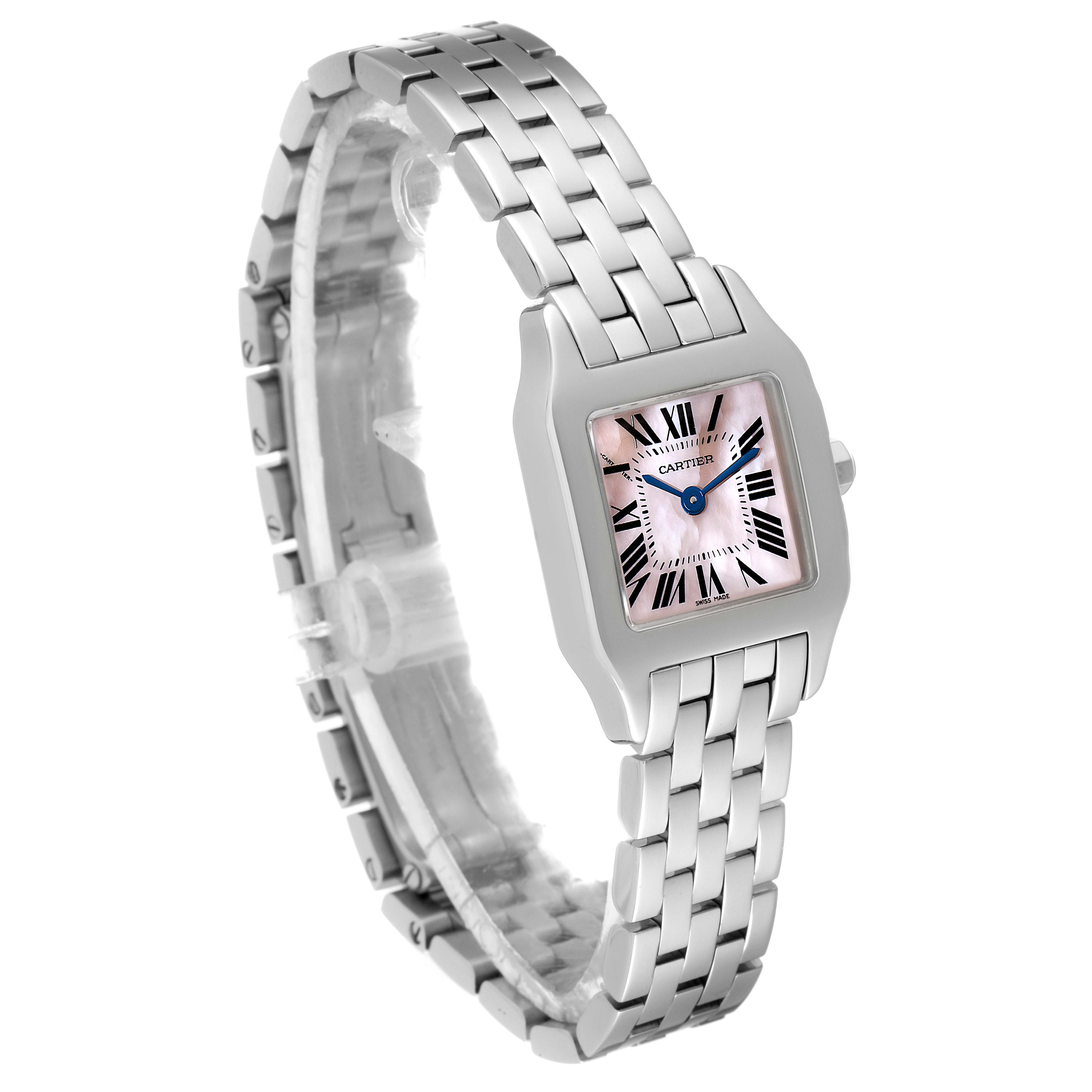 This image shows a Cartier Santos Demoiselle W25075Z5 Women's Stainless Steel Mother of Pearl Dial W25075Z5 Women's Stainless Steel Mother of Pearl Dial watch at a slight angle, displaying its square face, Roman numeral dial, and metal bracelet.