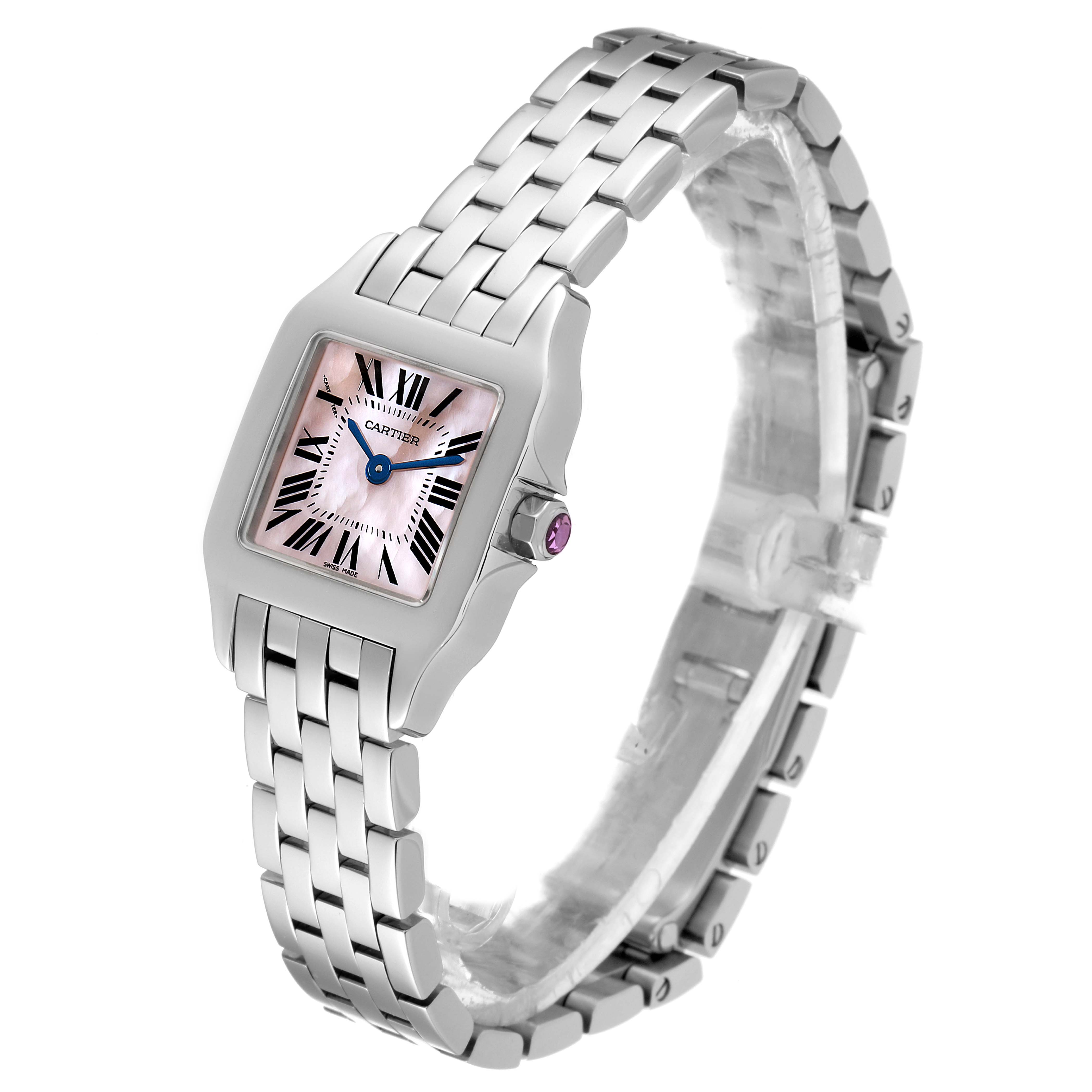 The image shows a front angle of the Cartier Santos Demoiselle W25075Z5 Women's Stainless Steel Mother of Pearl Dial W25075Z5 Women's Stainless Steel Mother of Pearl Dial watch with a detailed view of its bracelet and pink dial.