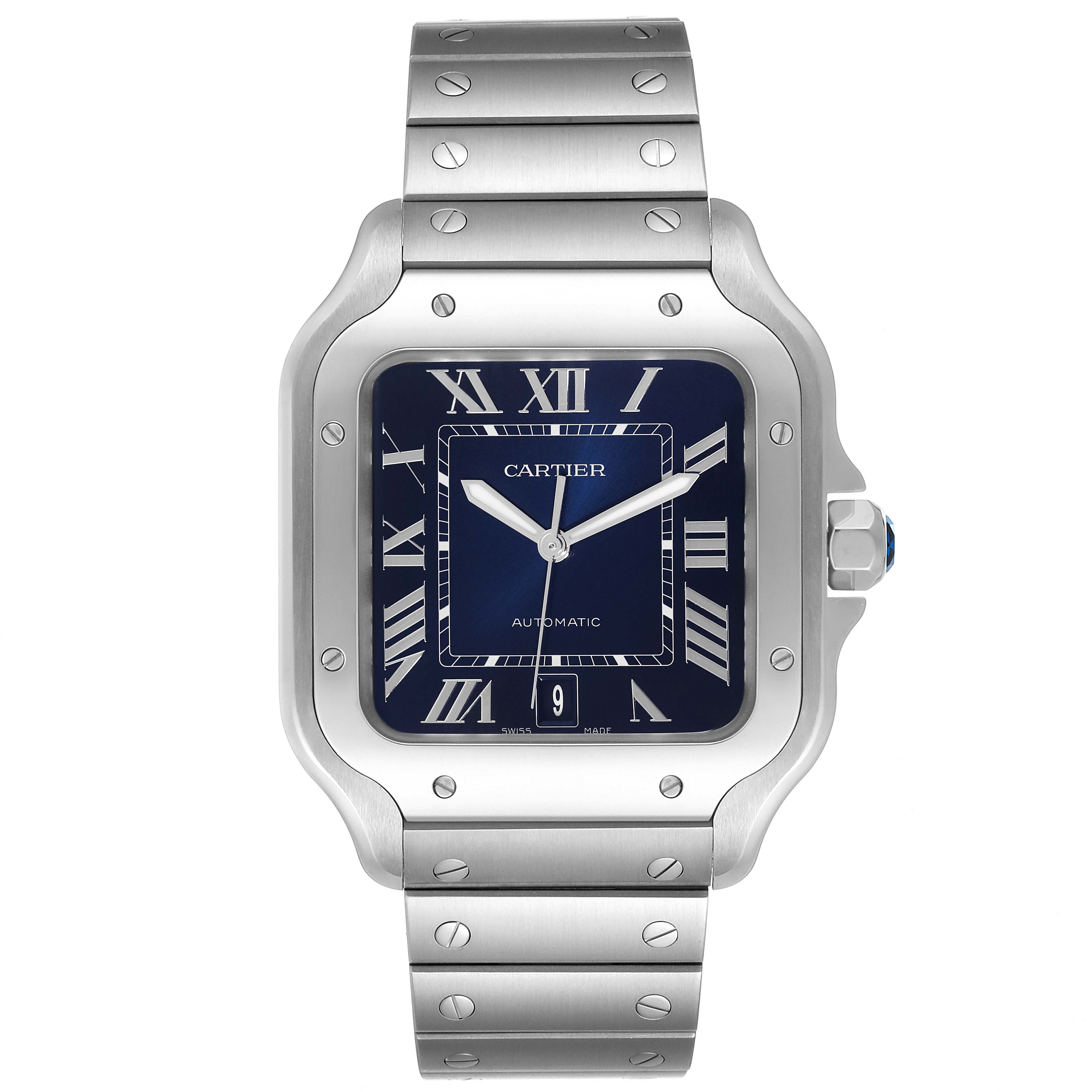 The image displays a front view of the Cartier Santos WSSA0030 Men
s Stainless Steel Blue Dial WSSA0030 Men
s Stainless Steel Blue Dial watch, showcasing its dial, bezel, and metal bracelet.