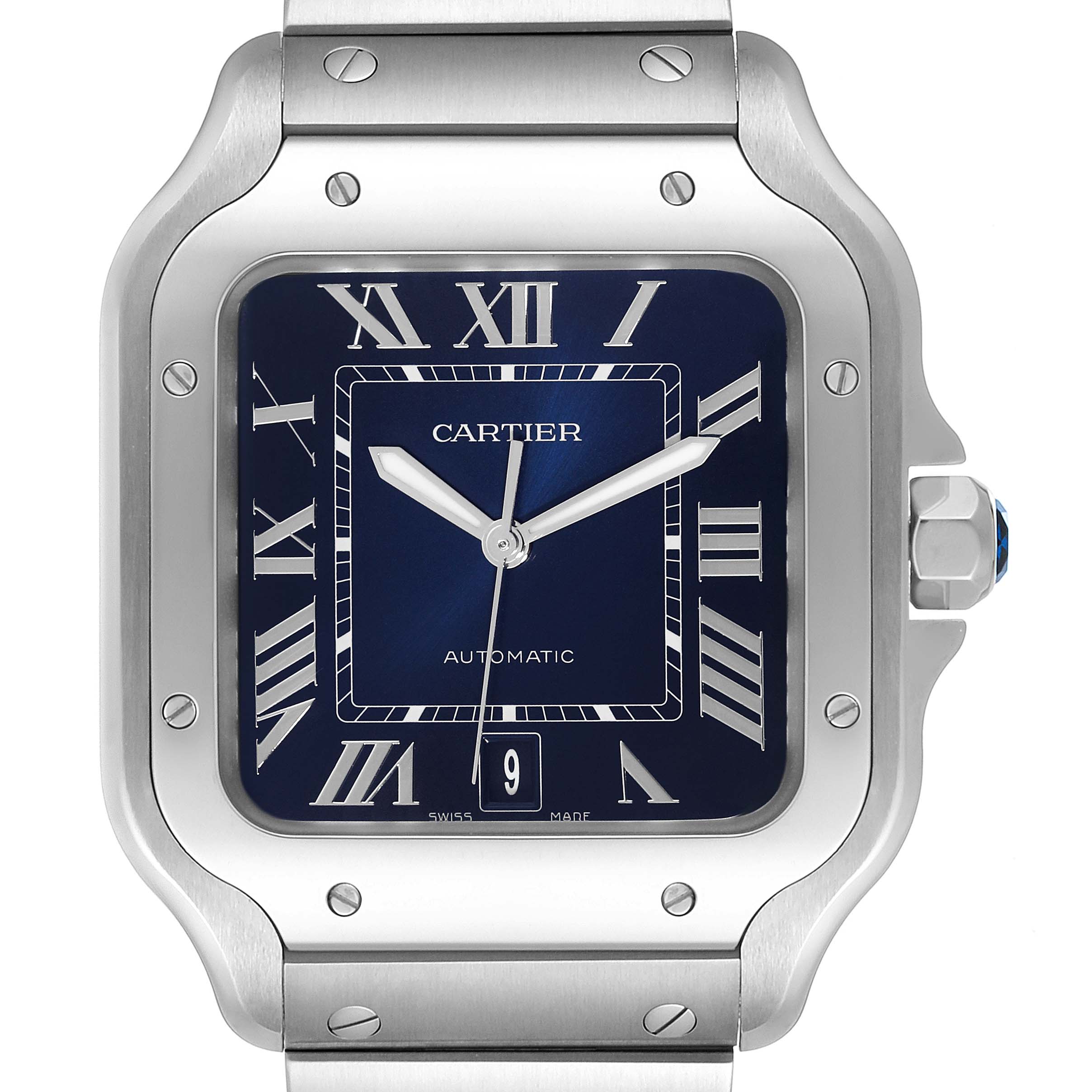 The image shows a front view of the Cartier Santos WSSA0030 Men
s Stainless Steel Blue Dial WSSA0030 Men
s Stainless Steel Blue Dial watch, featuring a blue dial with Roman numerals and a date display.