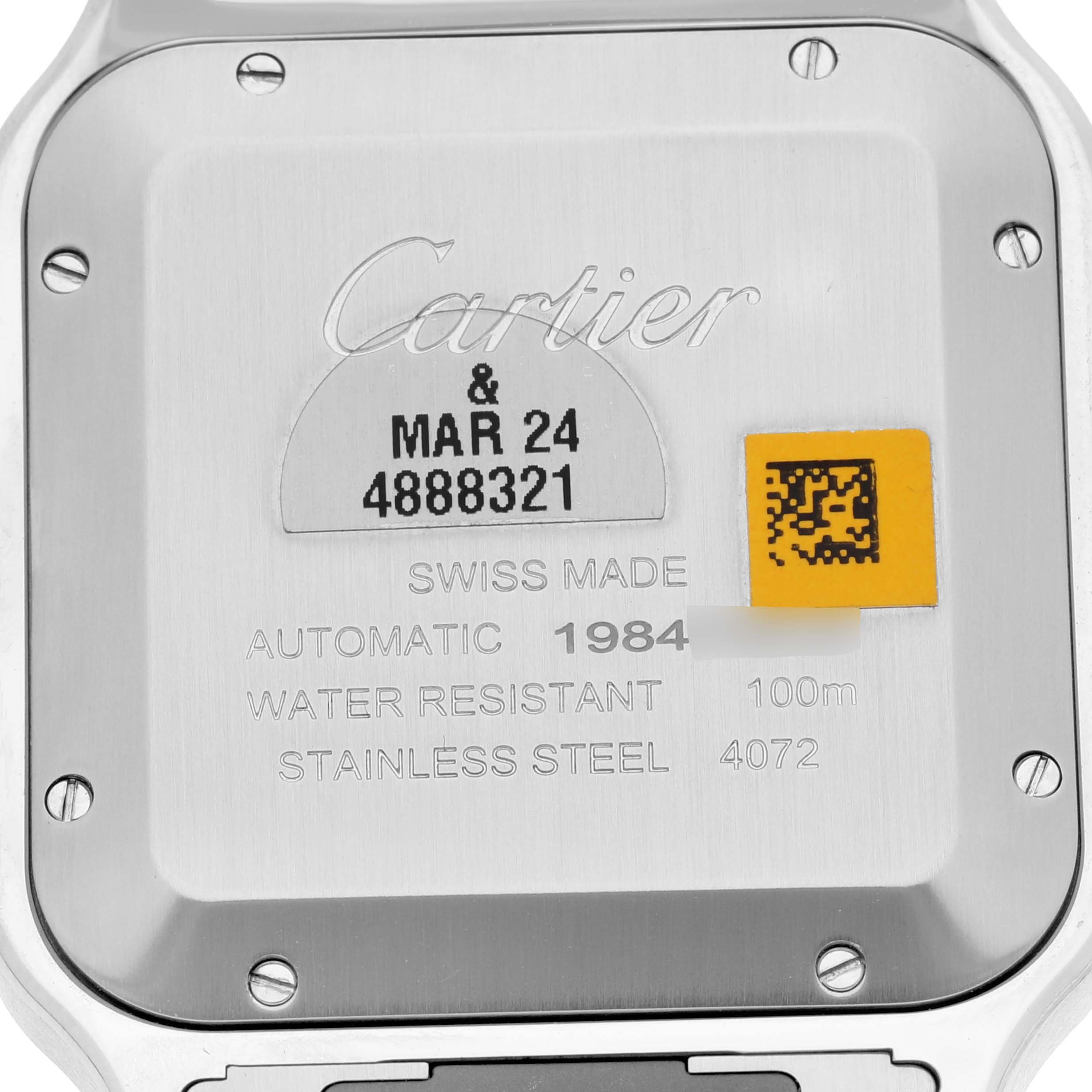 This image shows the case back of a Santos model by Cartier, displaying specifications and engraving details.