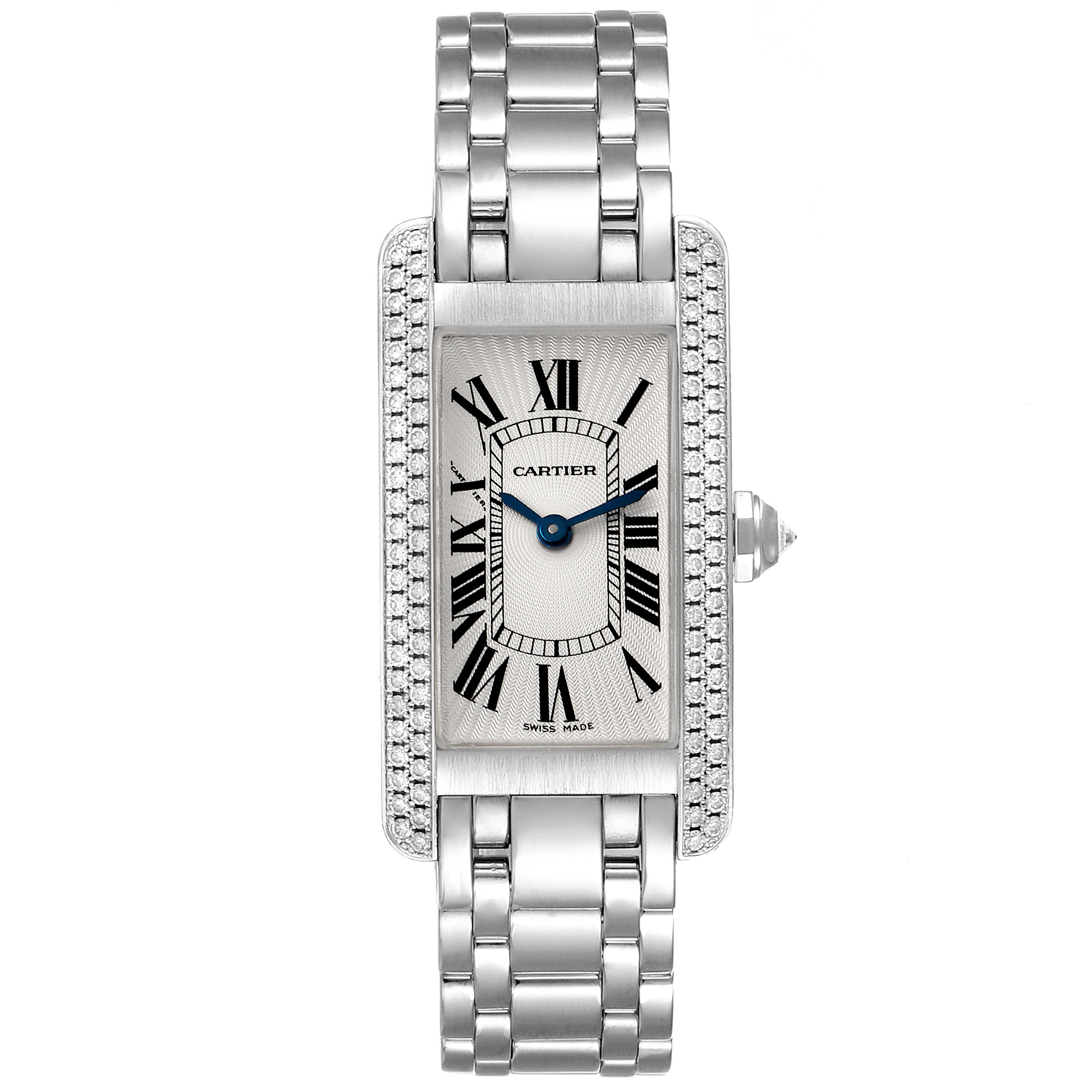 This image shows a front view of the Cartier Tank Américaine watch, highlighting its rectangular face, Roman numerals, and metal bracelet.