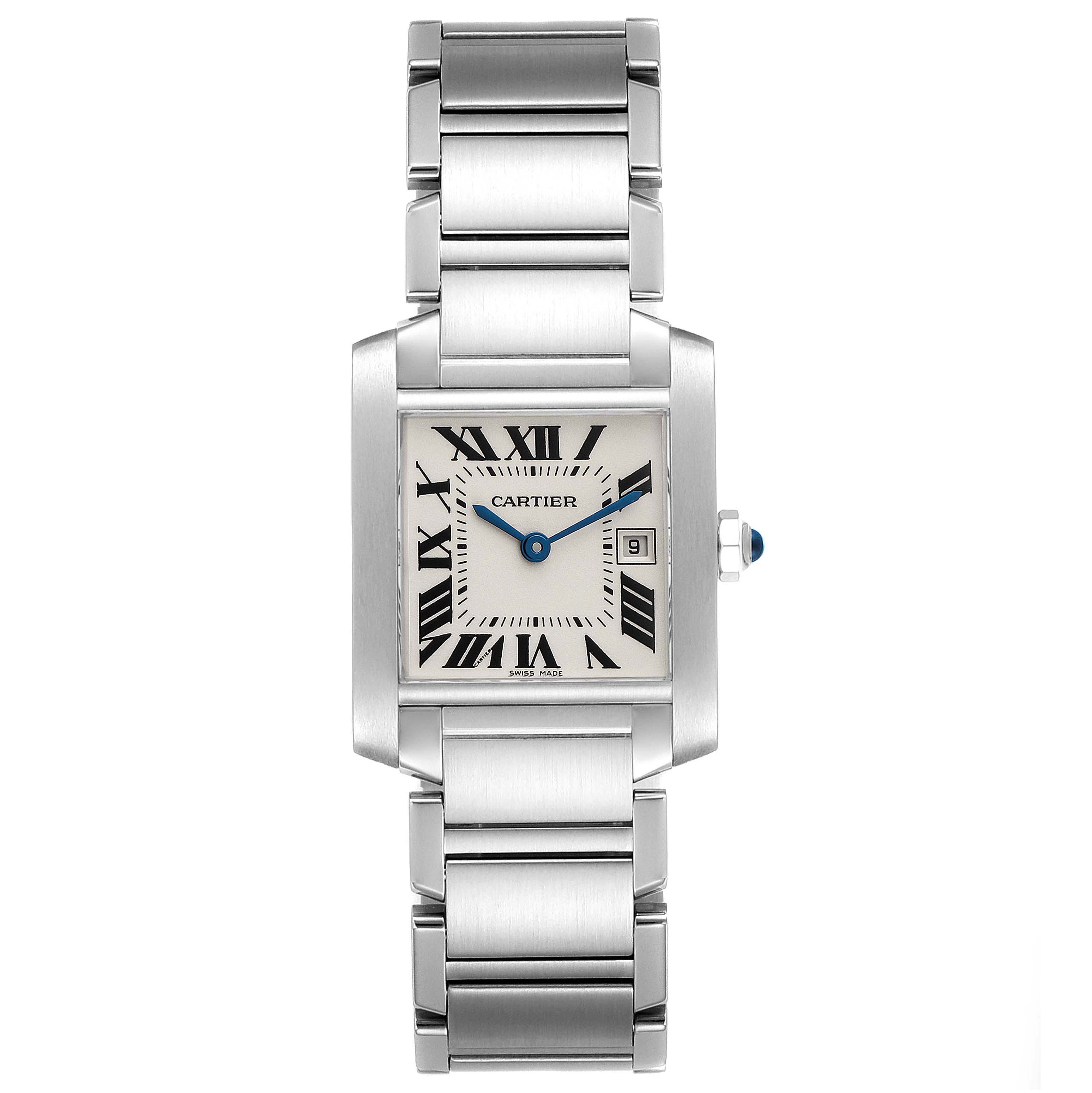 The Tank Française by Cartier is shown from a front angle, highlighting its rectangular face, Roman numerals, and metal bracelet.