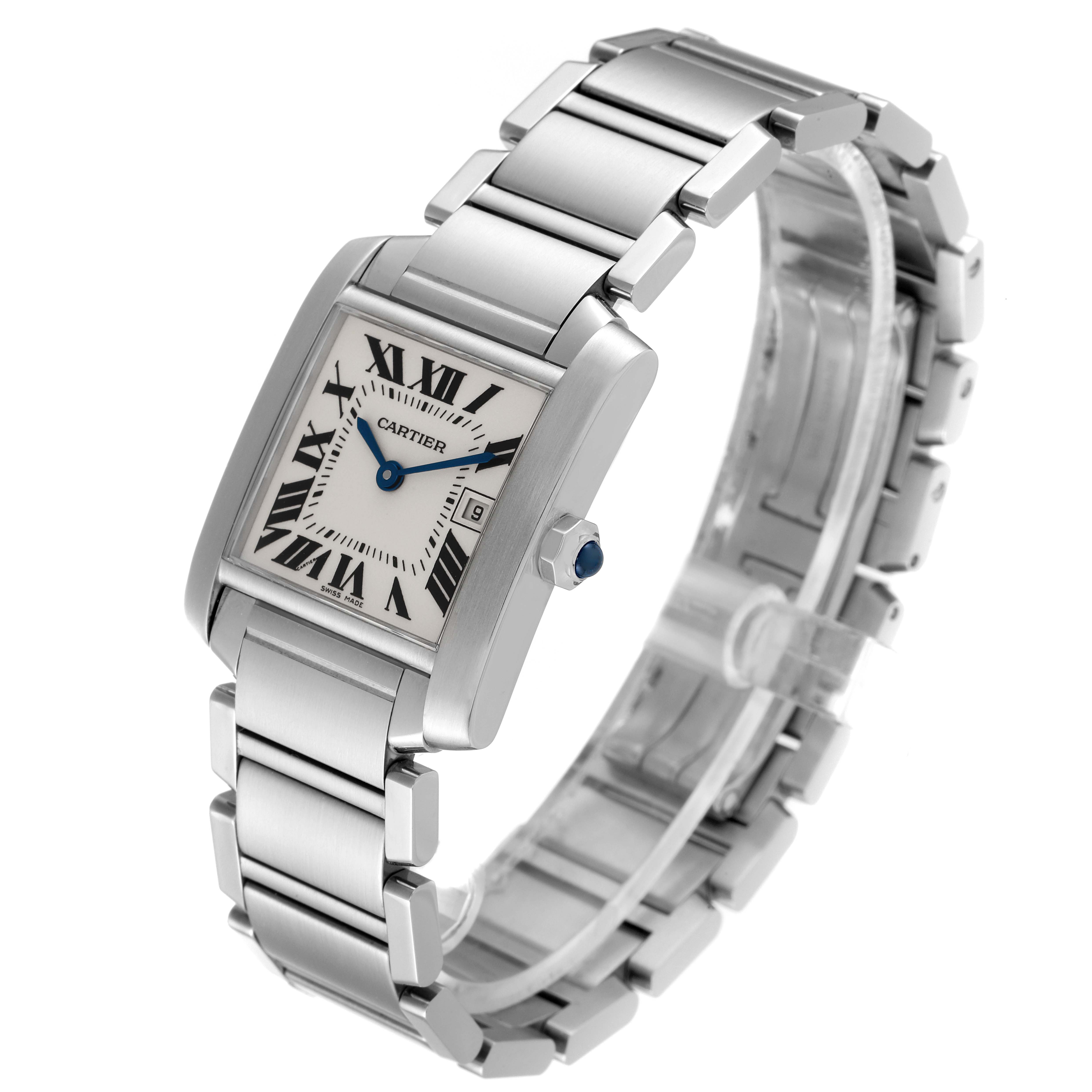 The image shows a Cartier Tank Francaise W51011Q3 Women's Stainless Steel Silver Dial W51011Q3 Women's Stainless Steel Silver Dial watch at a slight angle, highlighting the face, bracelet, and clasp.
