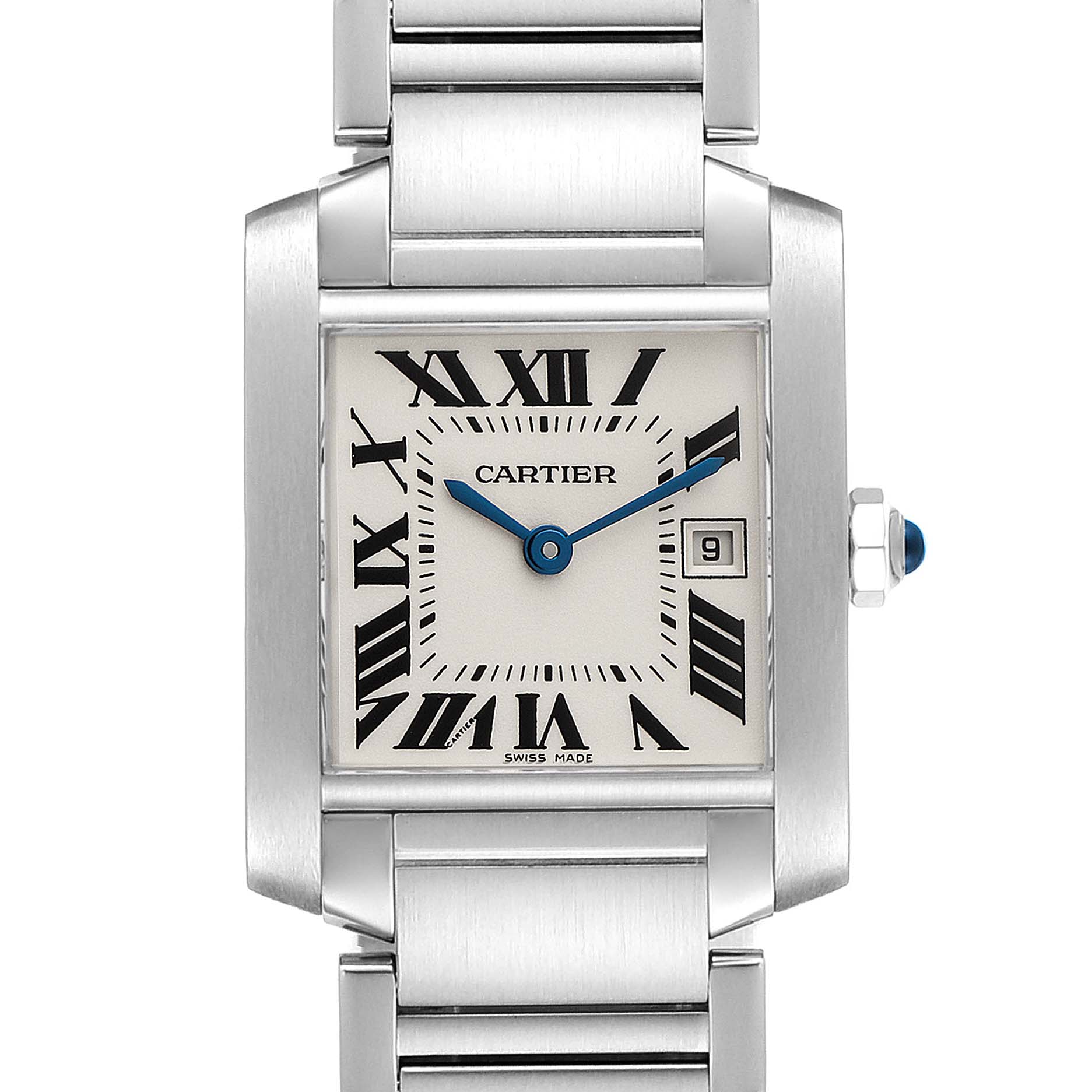 This Cartier Tank Francaise W51011Q3 Women's Stainless Steel Silver Dial W51011Q3 Women's Stainless Steel Silver Dial watch is shown from the front, displaying the dial, Roman numerals, date window, and part of the bracelet.