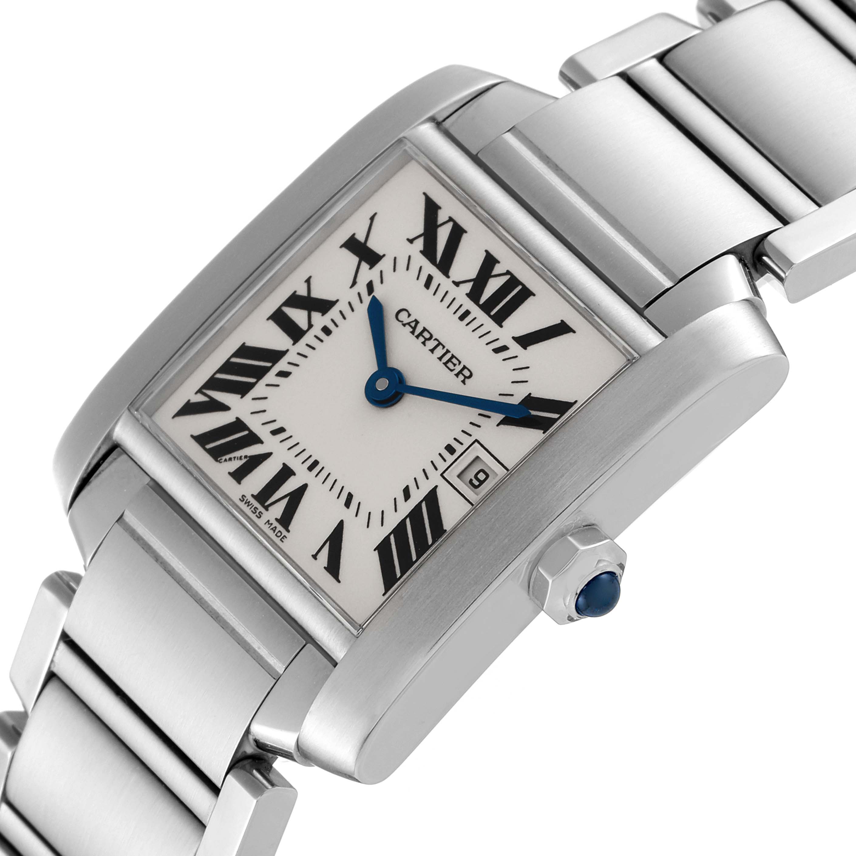 This Cartier Tank Francaise W51011Q3 Women's Stainless Steel Silver Dial W51011Q3 Women's Stainless Steel Silver Dial watch is shown at a diagonal angle, highlighting the dial, crown, and part of the metal bracelet.