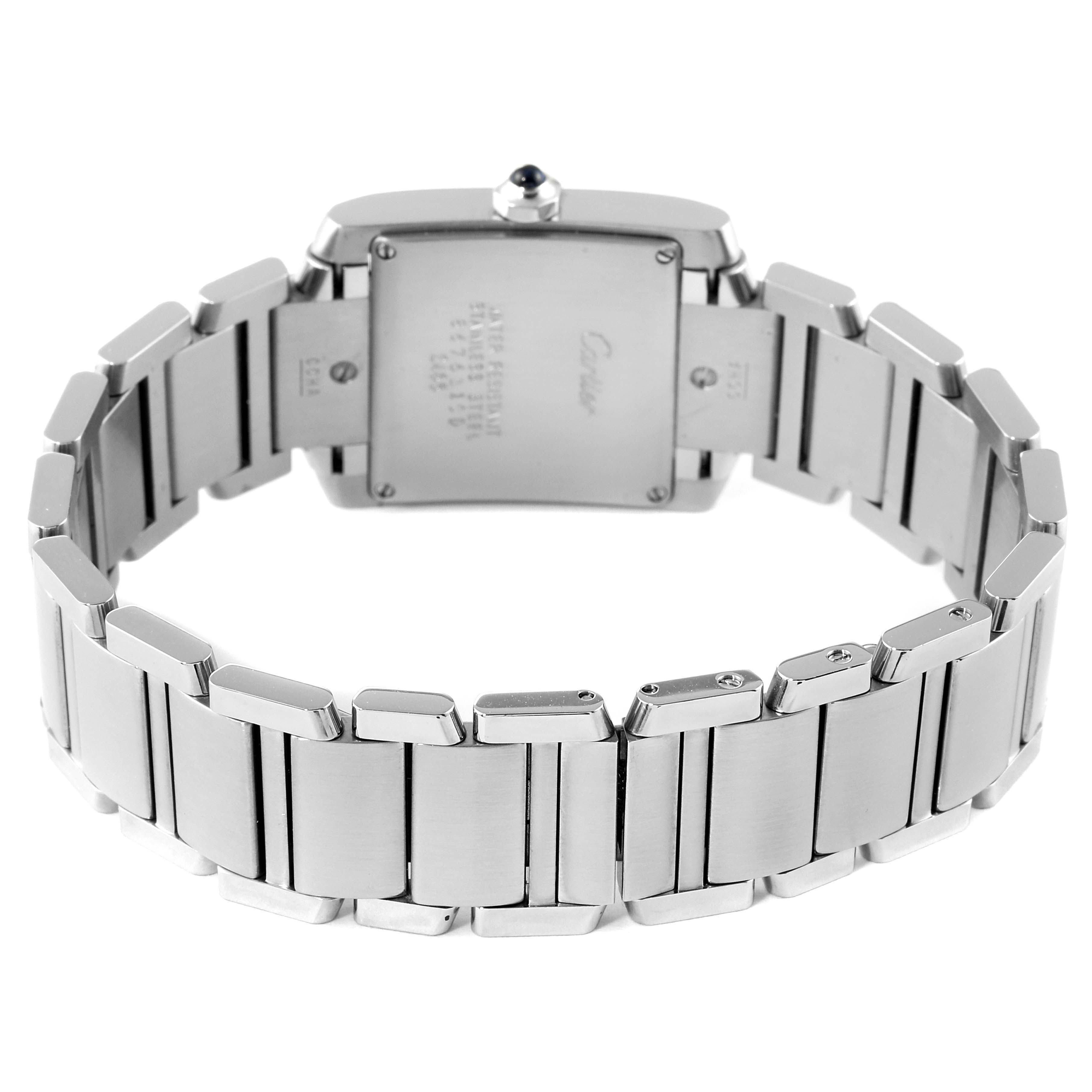 This image shows the rear view of the Cartier Tank Francaise W51011Q3 Women's Stainless Steel Silver Dial W51011Q3 Women's Stainless Steel Silver Dial watch, emphasizing its stainless steel bracelet and case back.