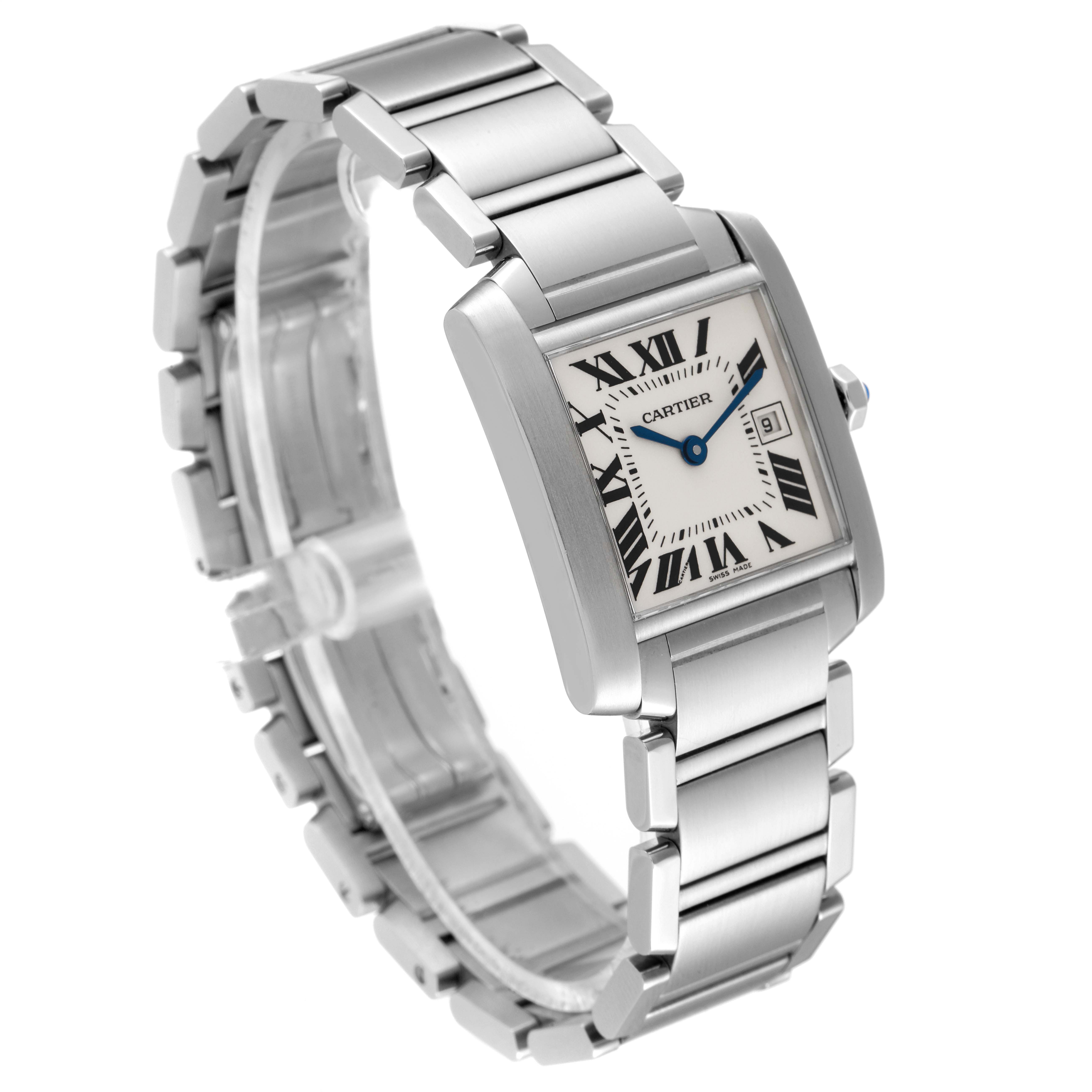 The Cartier Tank Francaise W51011Q3 Women's Stainless Steel Silver Dial W51011Q3 Women's Stainless Steel Silver Dial watch is shown from a three-quarter angle highlighting its bracelet and rectangular face.