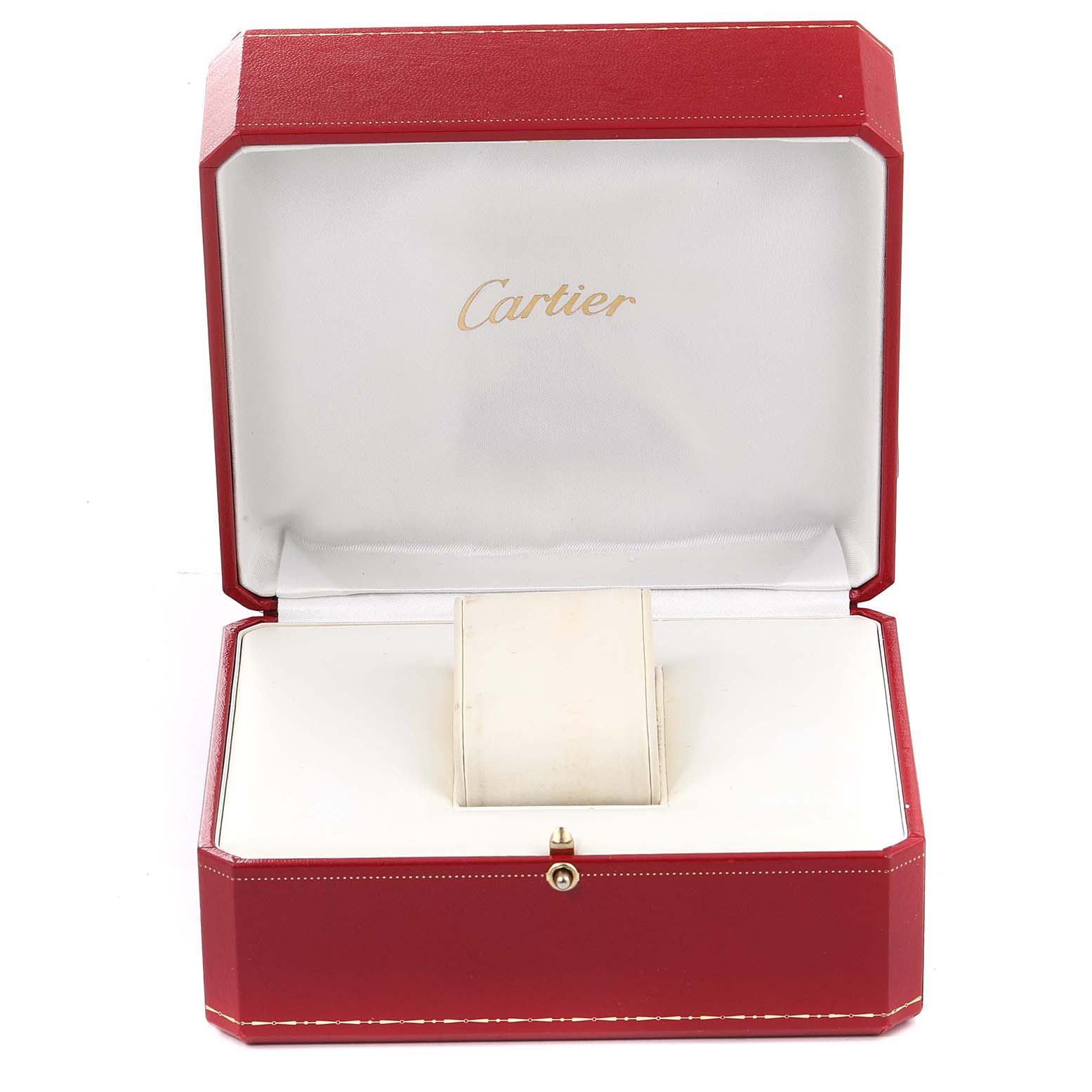 This image shows the open box of a Cartier Tank Francaise W51011Q3 Women's Stainless Steel Silver Dial W51011Q3 Women's Stainless Steel Silver Dial watch, displaying the watch's cushion inside.