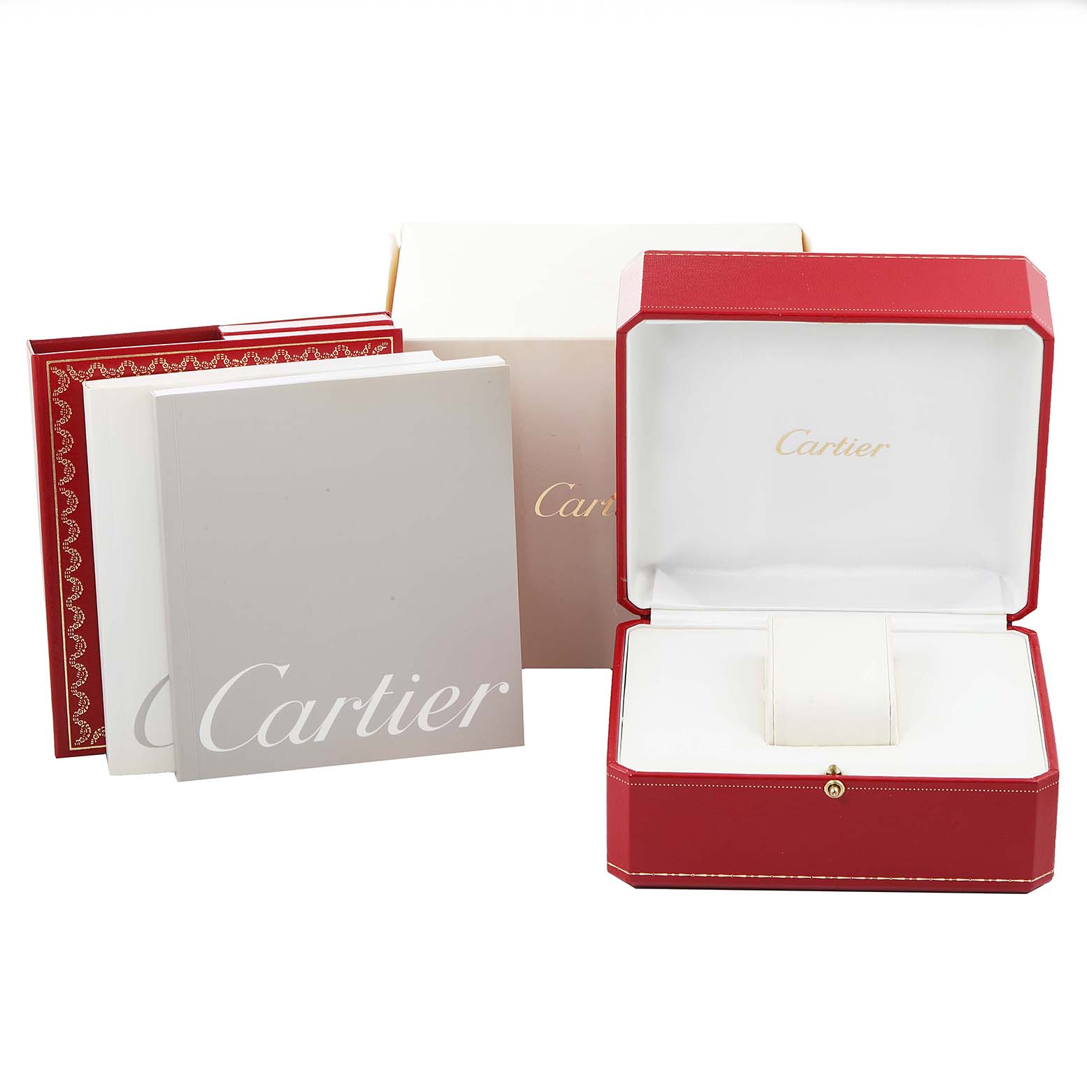 This image shows the packaging and accessories for a Cartier Tank Française watch, including its red box, outer box, and booklets.