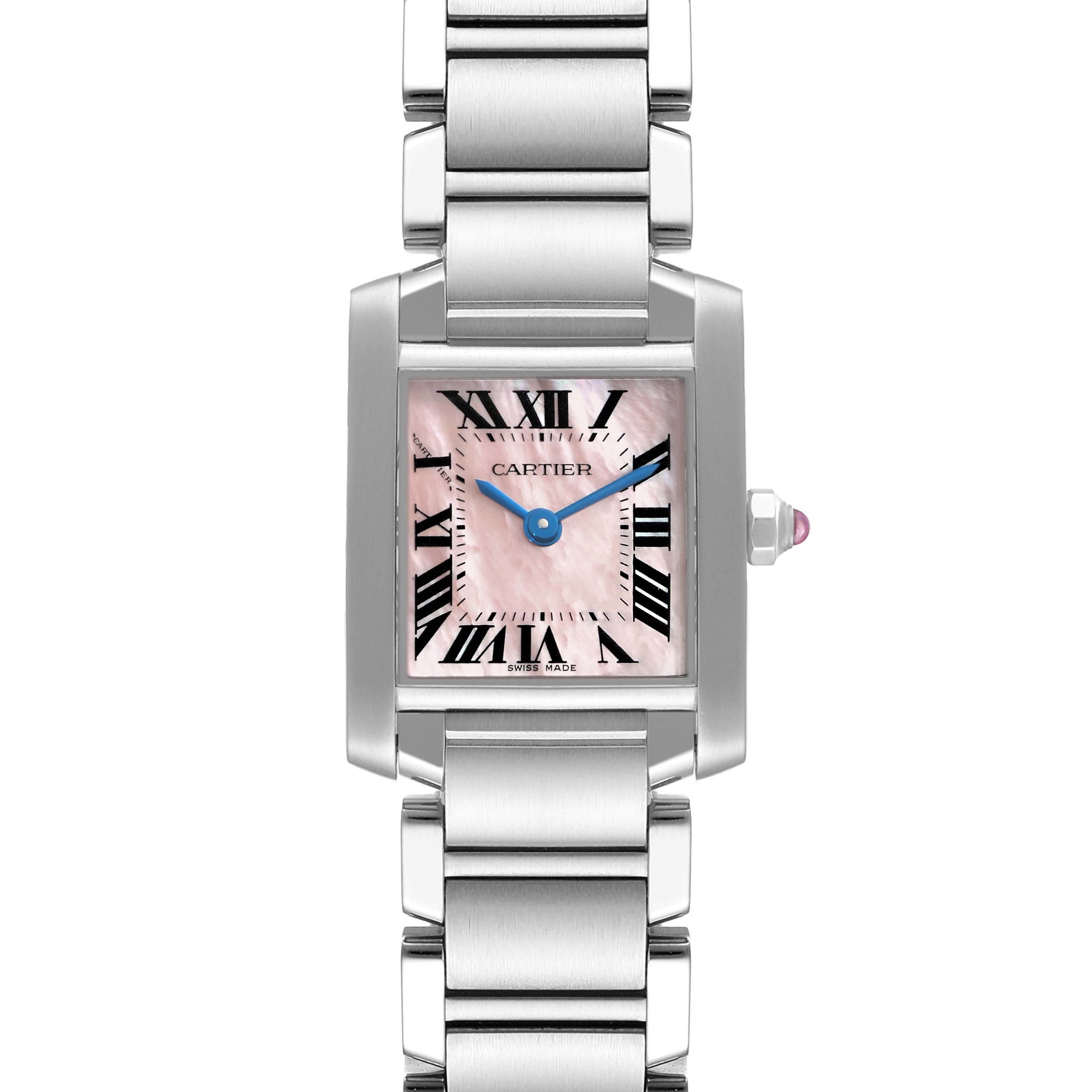 The image shows a front view of the Cartier Tank Francaise W51028Q3 Women's Stainless Steel Mother of Pearl Dial W51028Q3 Women's Stainless Steel Mother of Pearl Dial watch, highlighting its face, hands, and part of its bracelet.