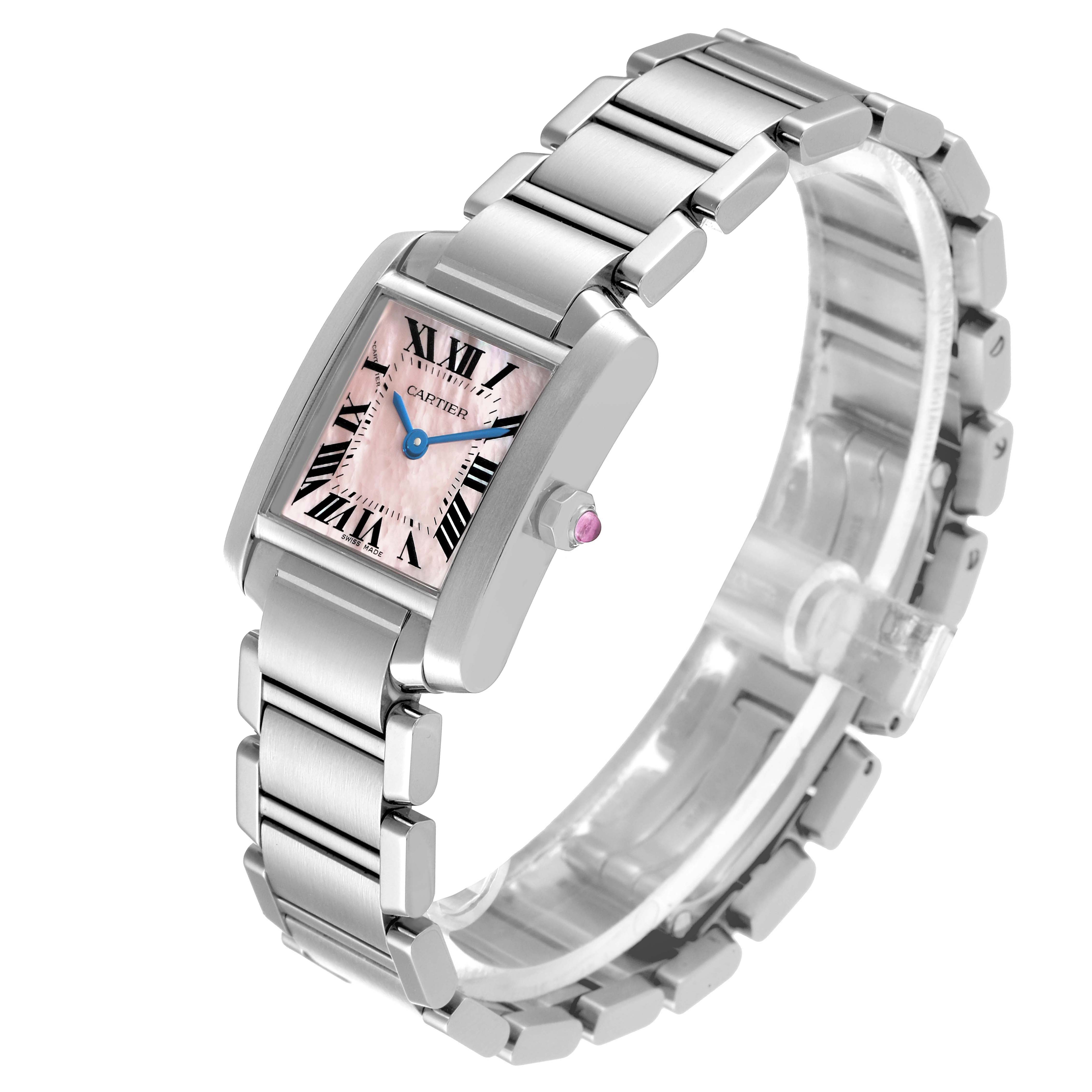This image shows a Cartier Tank Francaise W51028Q3 Women's Stainless Steel Mother of Pearl Dial W51028Q3 Women's Stainless Steel Mother of Pearl Dial watch at an angled view, highlighting its face, bezel, bracelet, and crown.