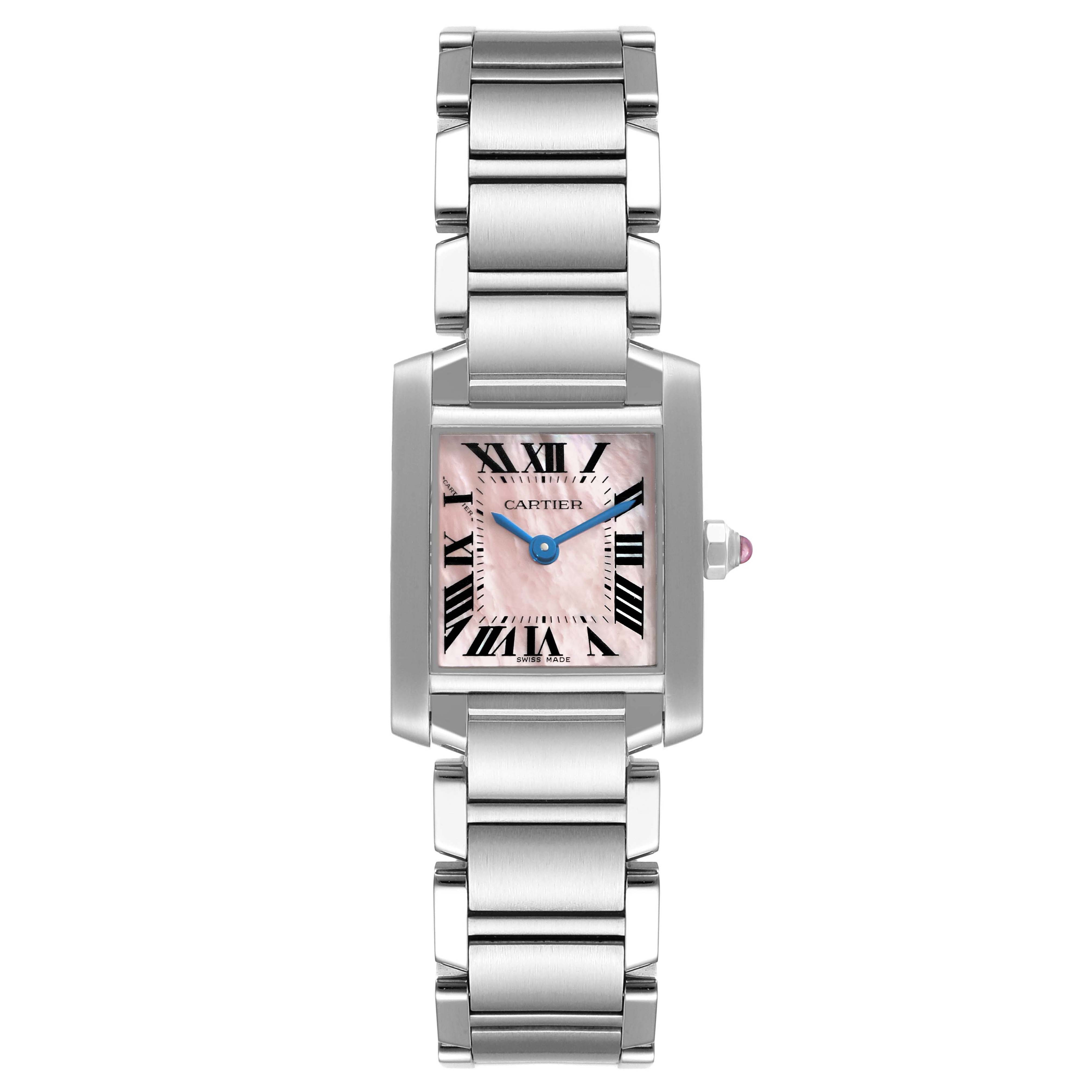 The image shows a front view of a Cartier Tank Francaise W51028Q3 Women's Stainless Steel Mother of Pearl Dial W51028Q3 Women's Stainless Steel Mother of Pearl Dial watch, displaying its face and metal bracelet.