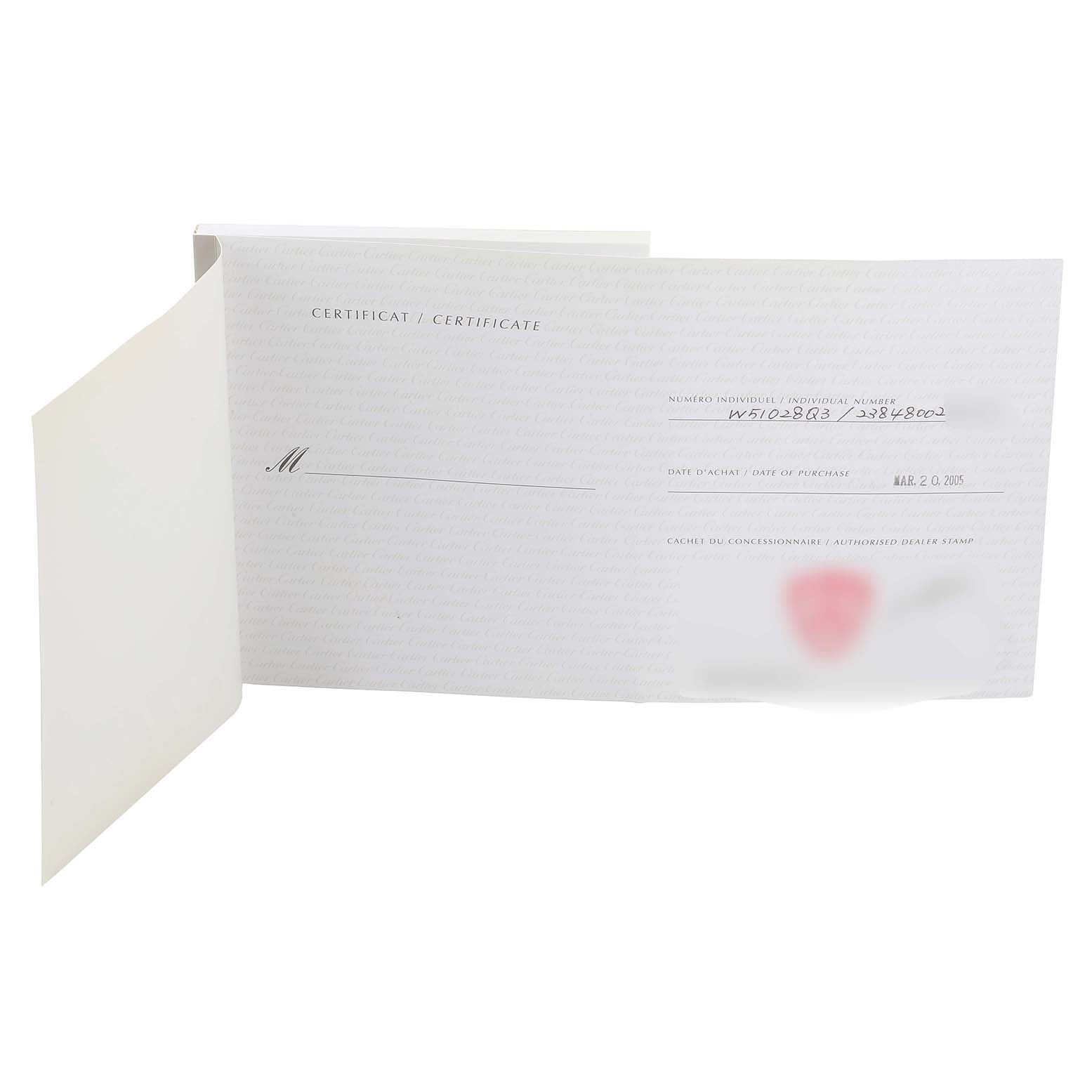 This image shows a certificate for the Cartier Tank Française watch, displaying details like date of purchase and dealer stamp.