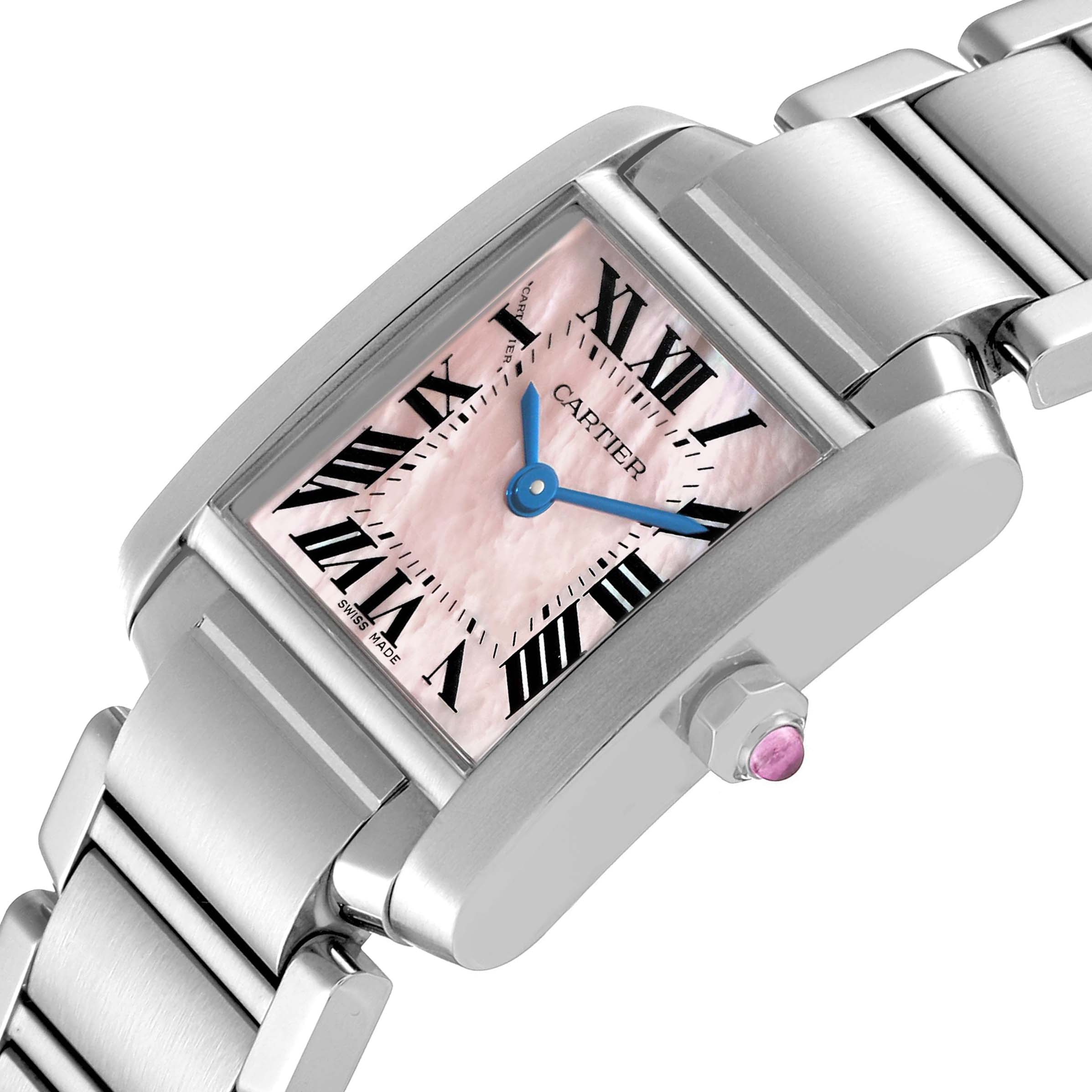 The image shows a close-up, angled view of the Cartier Tank Francaise W51028Q3 Women's Stainless Steel Mother of Pearl Dial W51028Q3 Women's Stainless Steel Mother of Pearl Dial watch, highlighting its face, blue hands, and metal bracelet.
