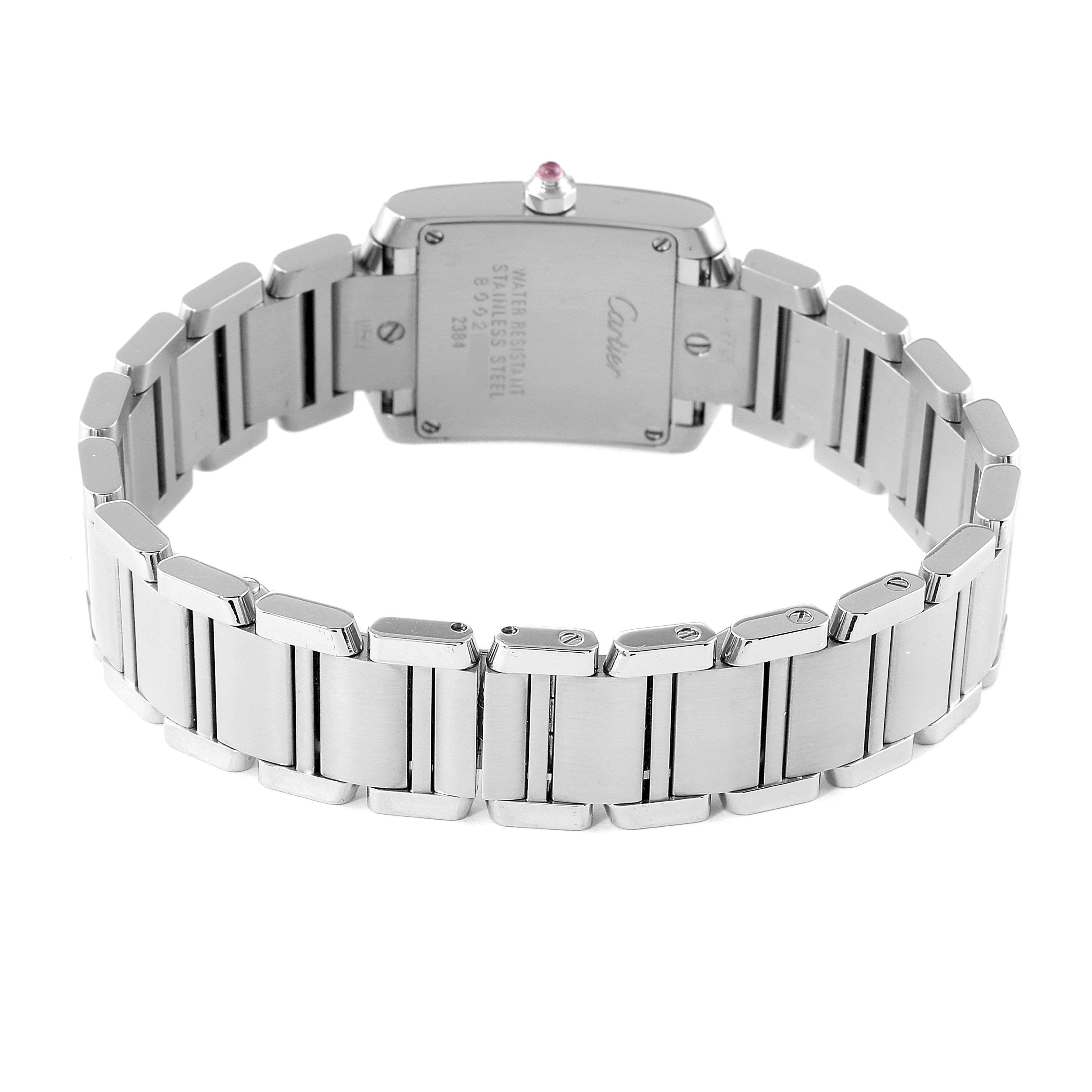 The image displays the back view of the Cartier Tank Francaise W51028Q3 Women's Stainless Steel Mother of Pearl Dial W51028Q3 Women's Stainless Steel Mother of Pearl Dial watch, focusing on its stainless steel case and bracelet.