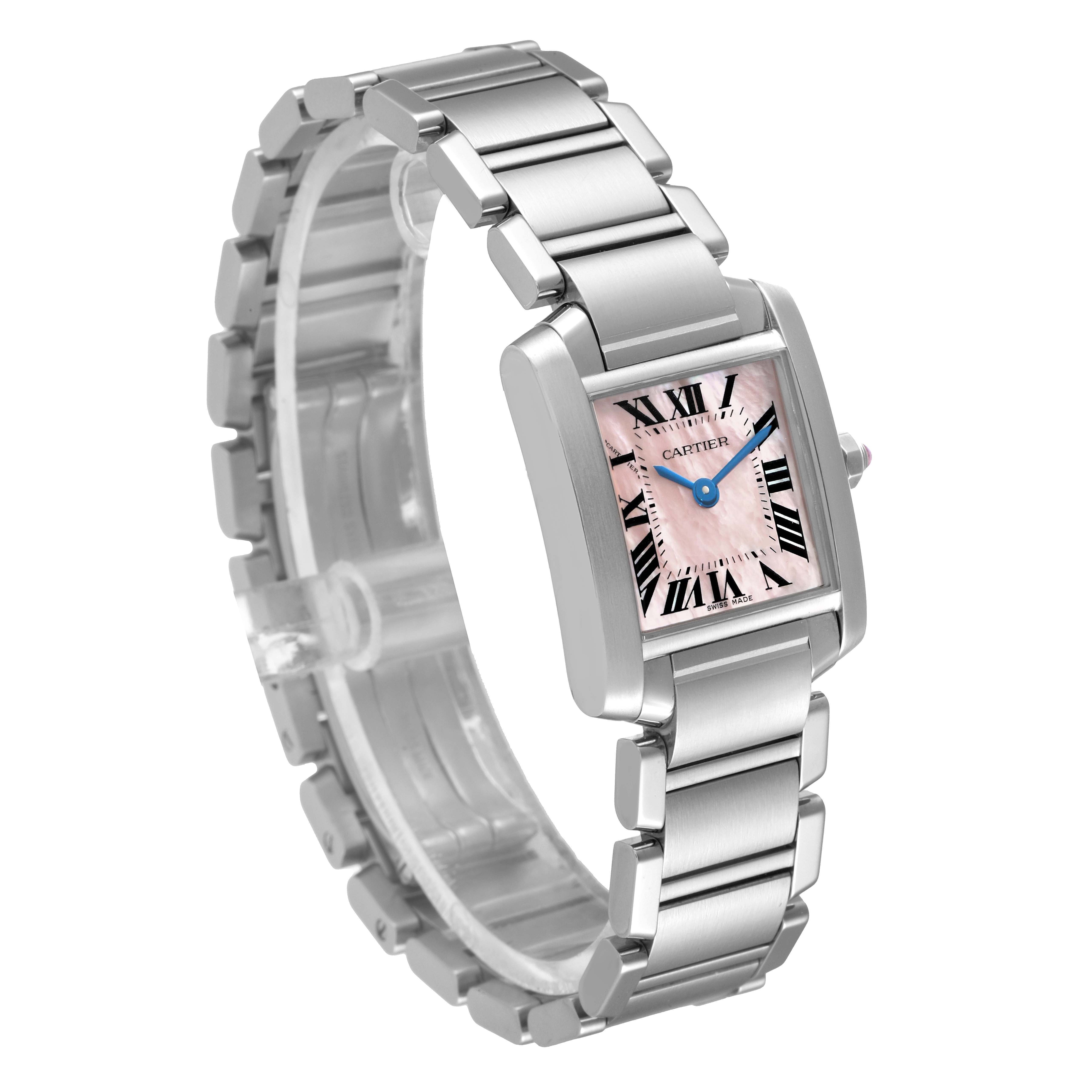 The image shows a Cartier Tank Francaise W51028Q3 Women's Stainless Steel Mother of Pearl Dial W51028Q3 Women's Stainless Steel Mother of Pearl Dial watch angled to display the face, bracelet, and part of the case.