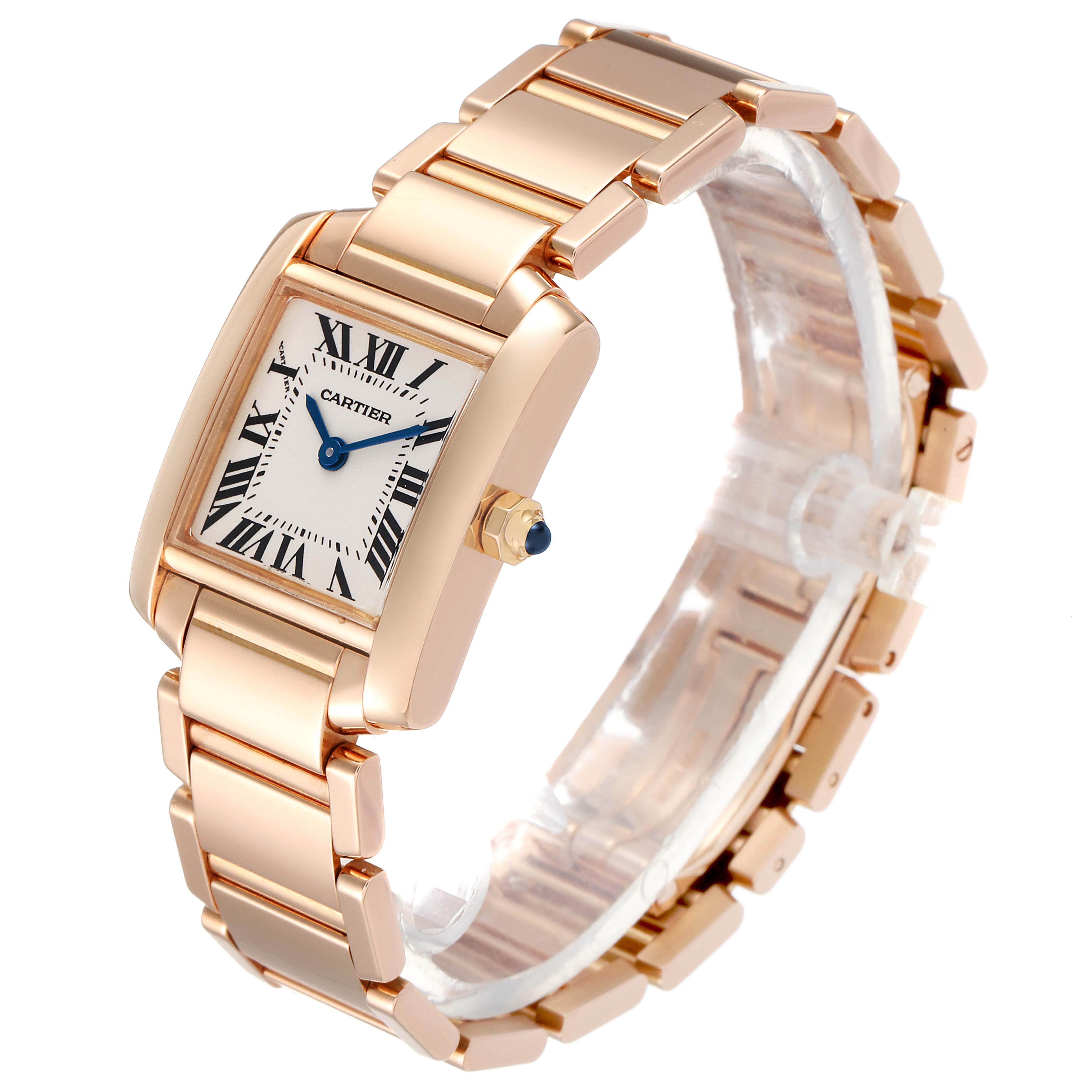 The image shows a Cartier Tank Francaise 2793 Women's Rose Gold Silver Dial 2793 Women's Rose Gold Silver Dial watch from a side angle, highlighting the face, bracelet, and crown.
