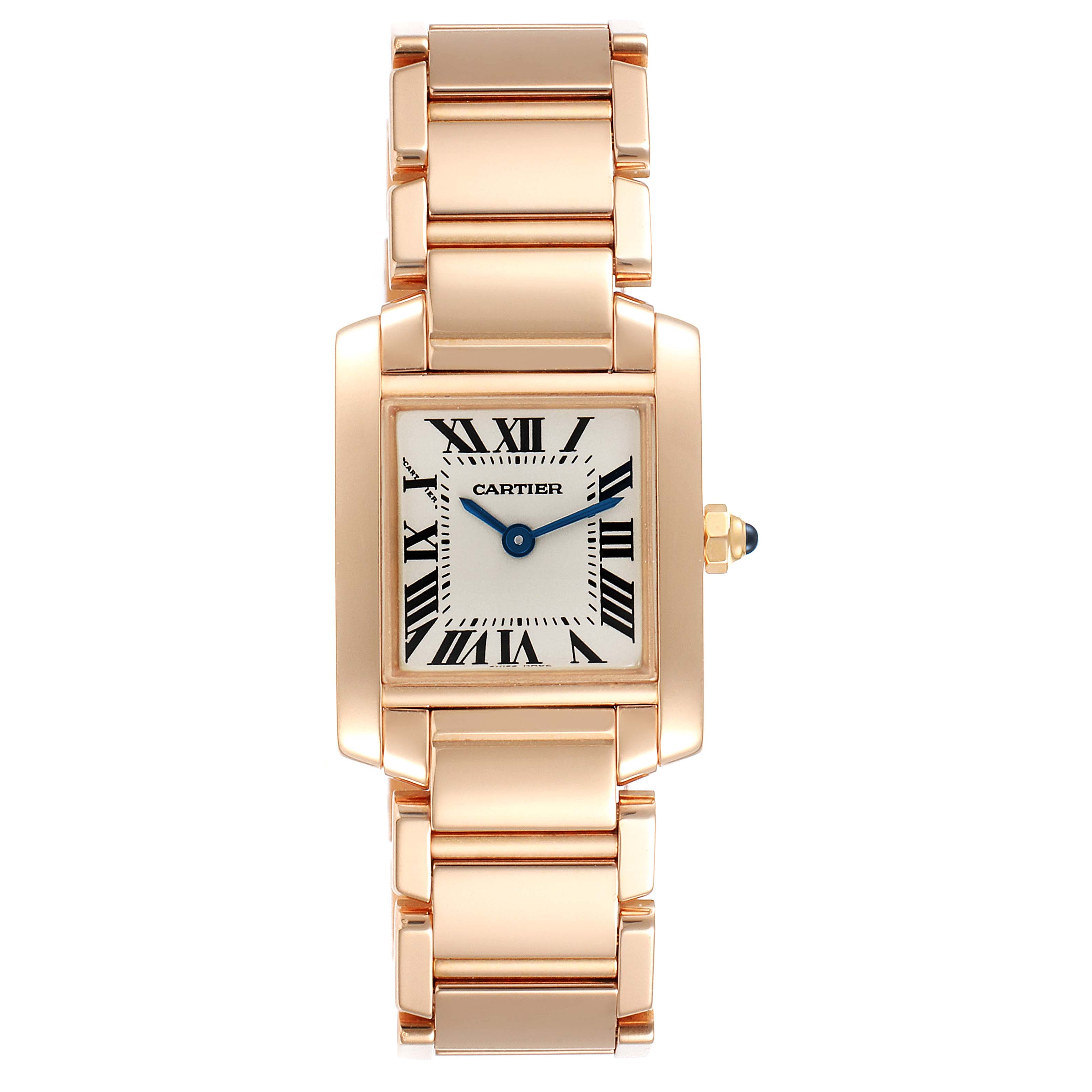 The Cartier Tank Francaise 2793 Women's Rose Gold Silver Dial 2793 Women's Rose Gold Silver Dial watch is shown from the front, displaying its face, bracelet, and crown.