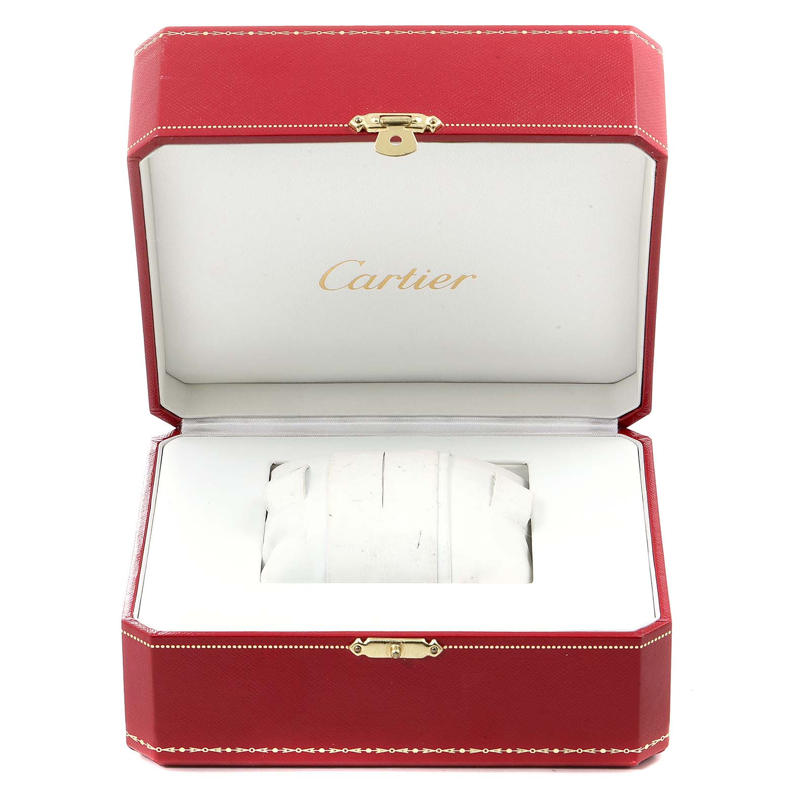 The image shows an open Cartier box for the Tank Francaise model, displaying the protective pillow inside.