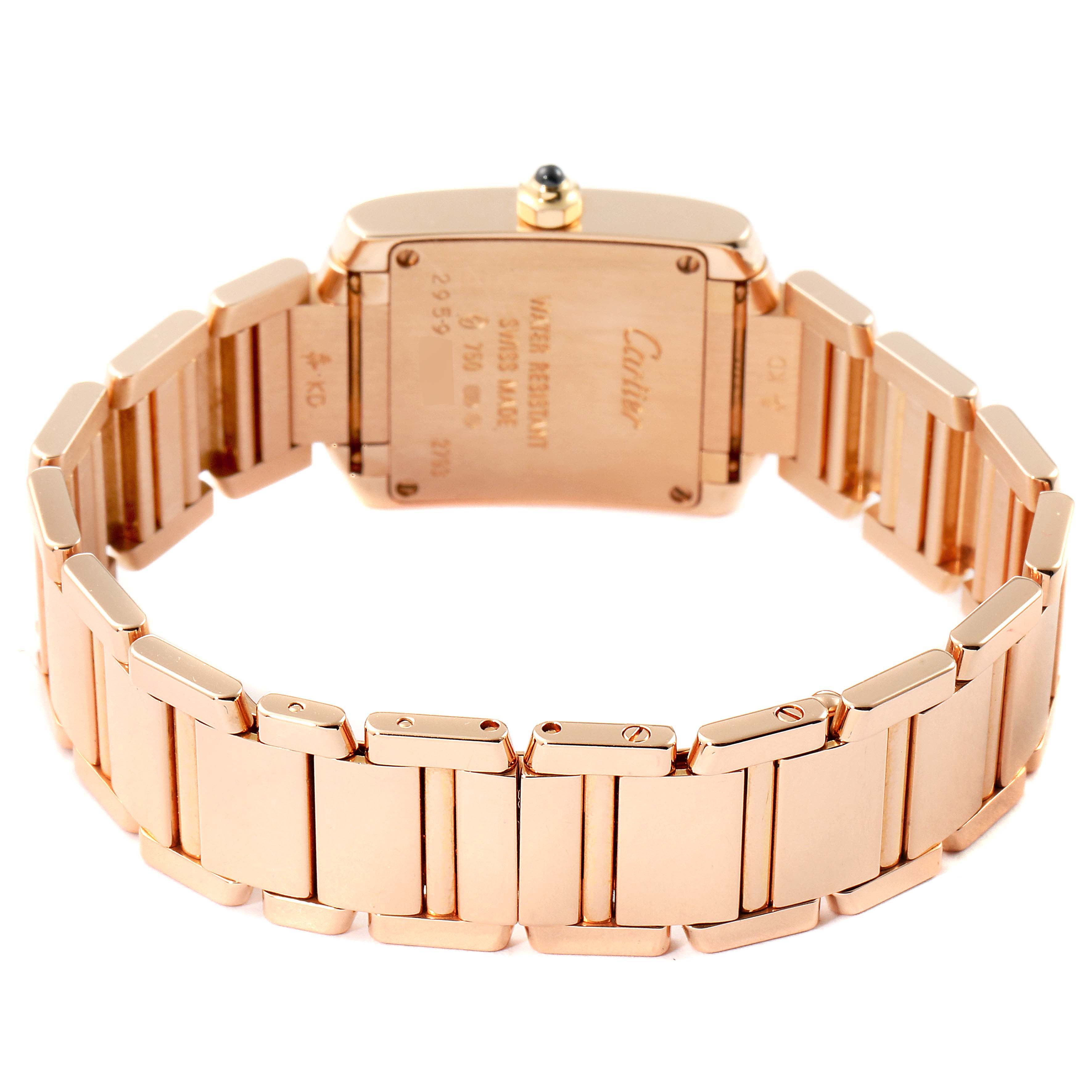 This image shows the back and bracelet of a Cartier Tank Francaise 2793 Women's Rose Gold Silver Dial 2793 Women's Rose Gold Silver Dial watch, highlighting its clasp and engraving.