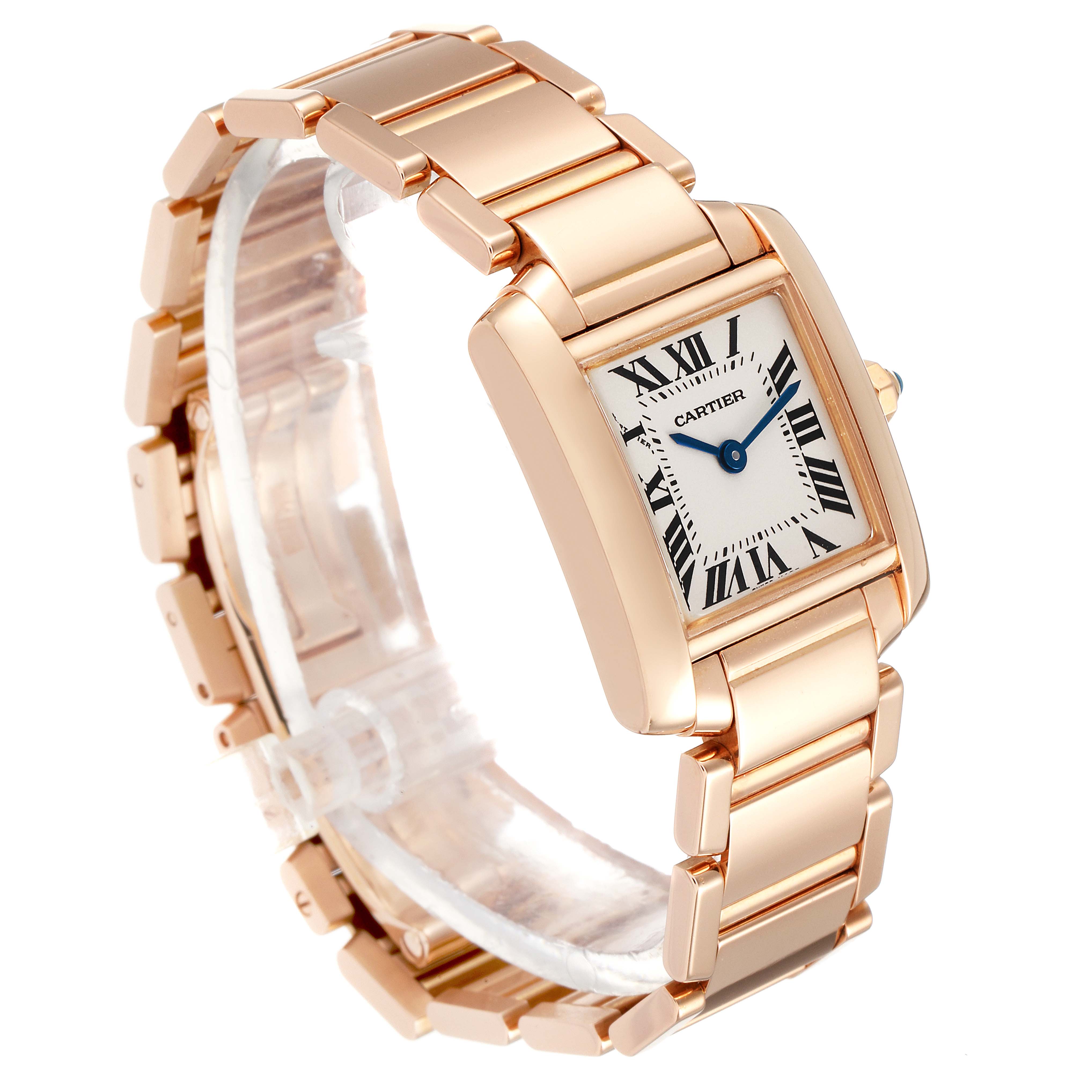 The Tank Francaise by Cartier is shown at a slight side angle, featuring its rectangular dial, Roman numerals, and metal bracelet.